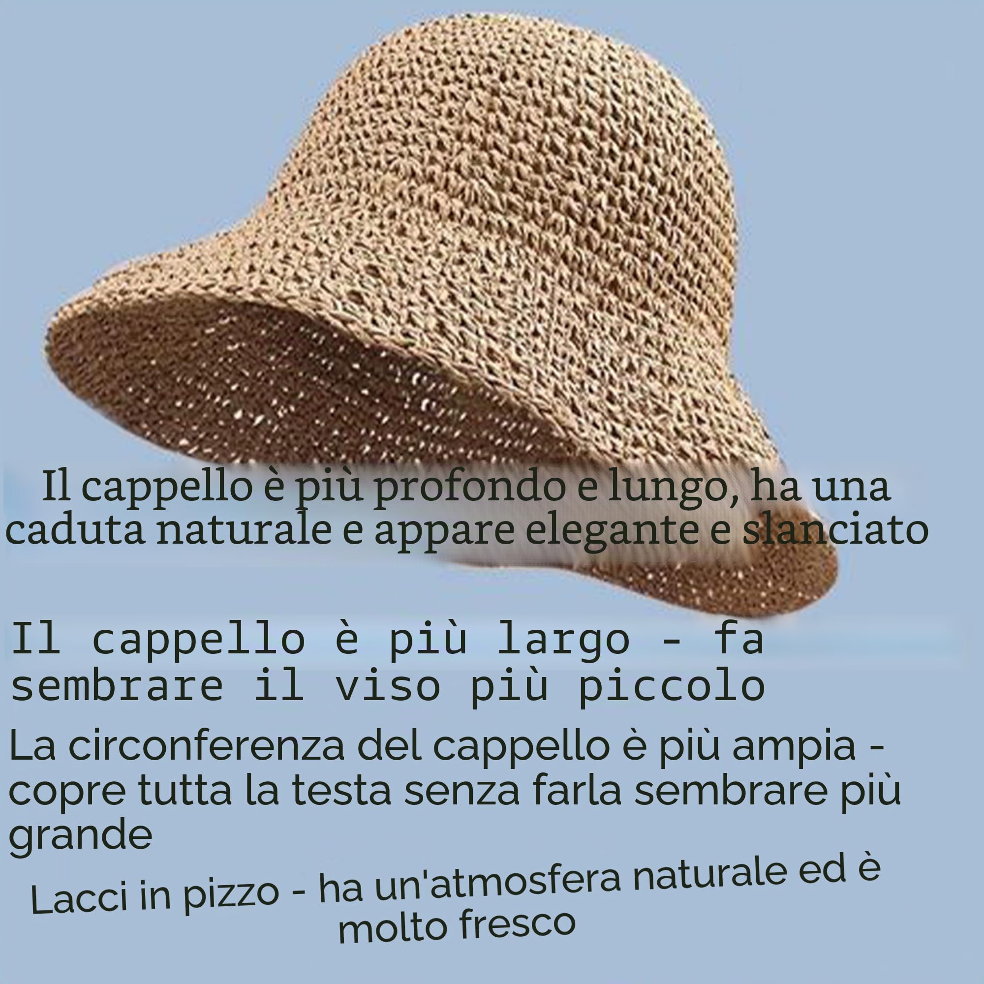 Cappello di paglia floppy da donna all'uncinetto morbido cappello da sole da spiaggia da viaggio grande cappello da secchio estivo pieghevole medio