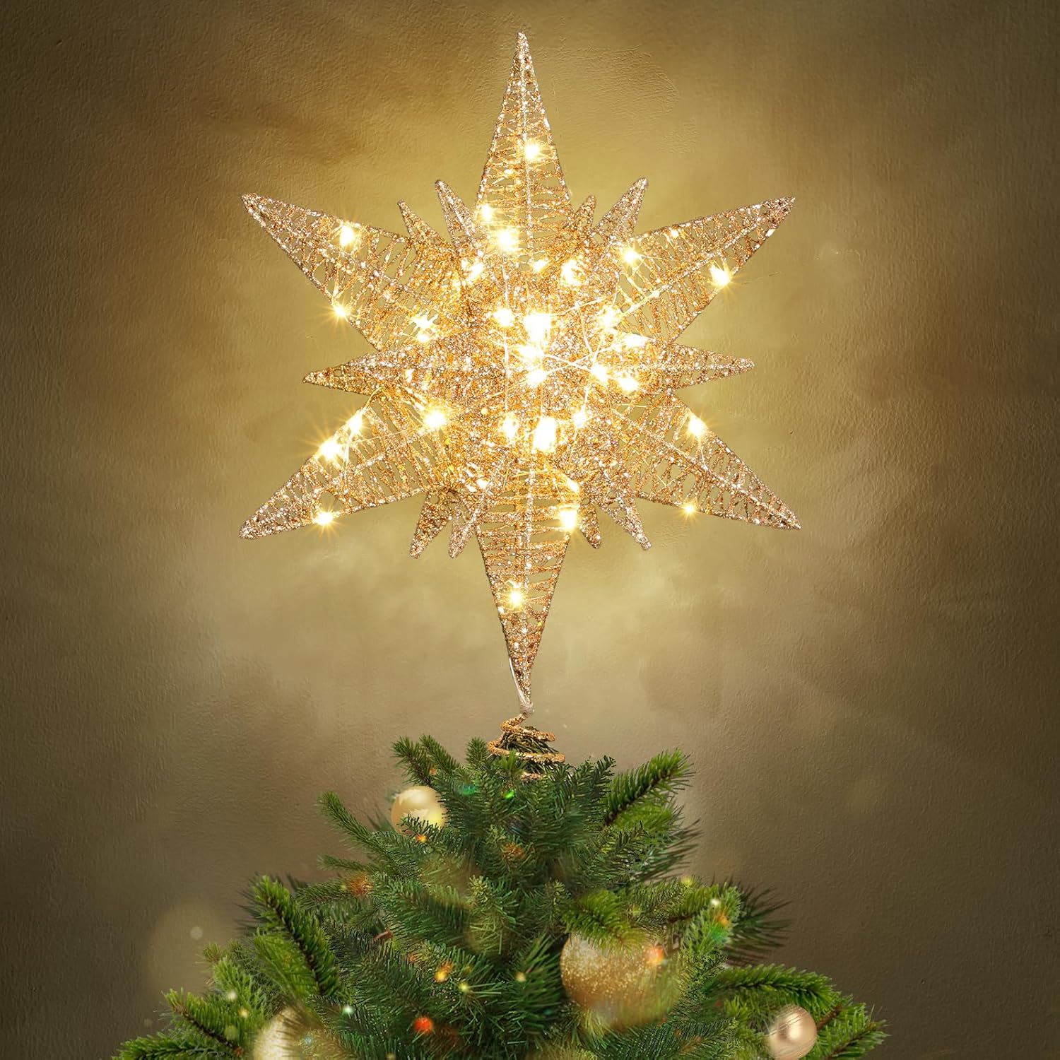 Luxspire Christmas Tree Topper, Double-Layer Glitter Metal 3D Lighted Tree Topper with USB Plug in & Remote Control, 10.6" Christmas Decorations Lights for Home Party, Hexagram-Champagne Gold
