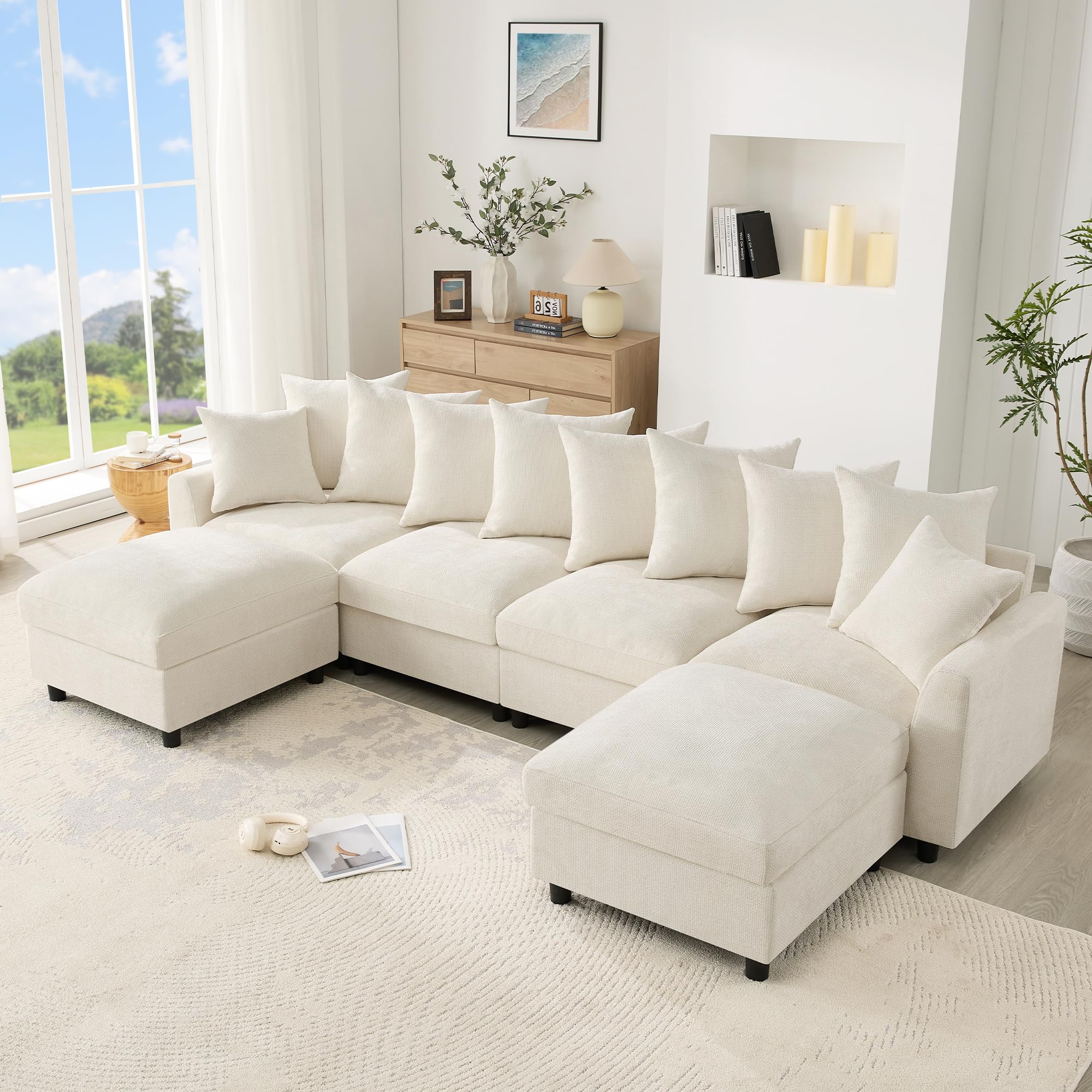 Divano angolare modulare a forma di U e L, 6 posti, beige