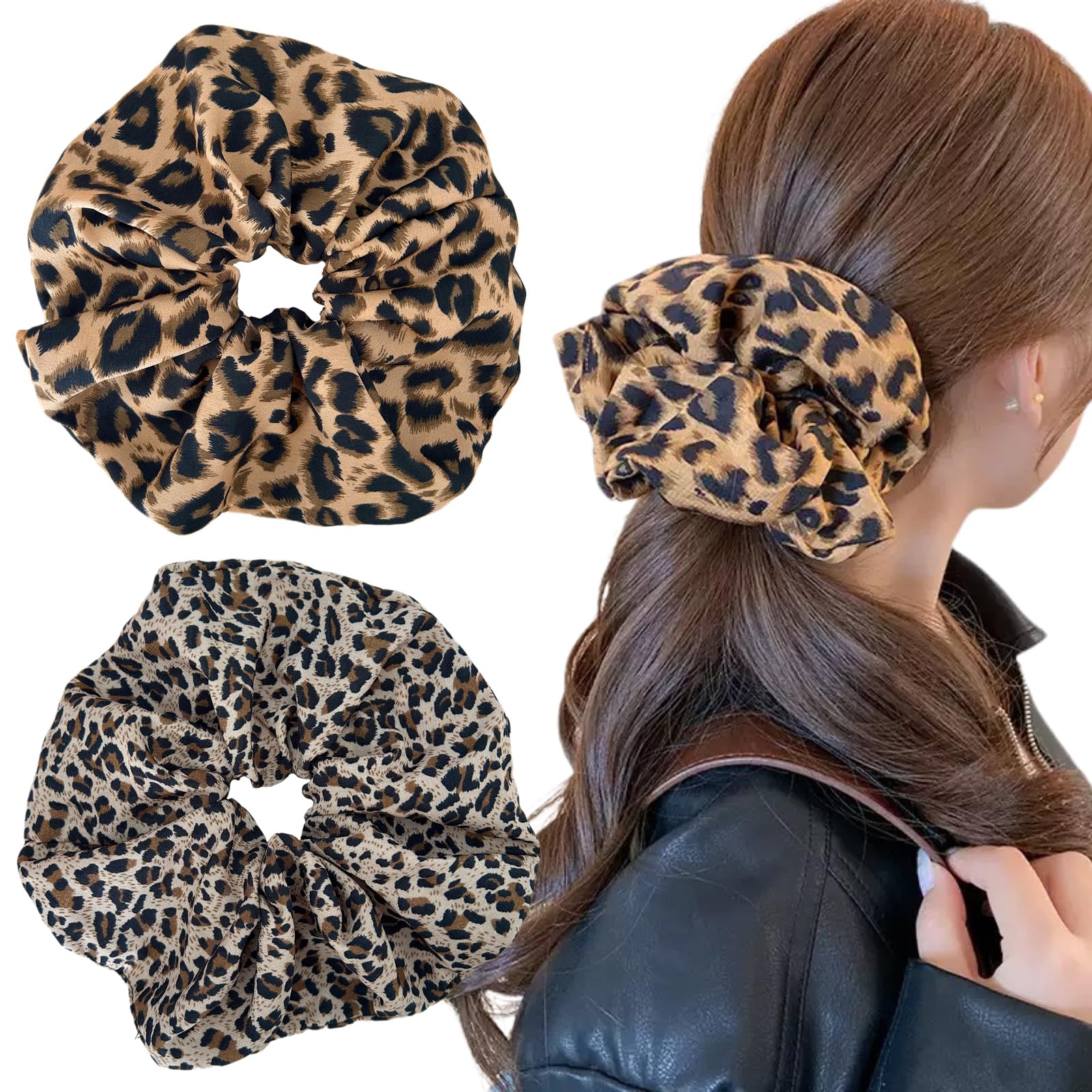 Ypkia Leopardenmuster Haargummi Damen Extra Groß Scrunchies Elastisch Gummibänder Pferdeschwanz Halter für Frauen Dickes Langes Haar (leo-1)