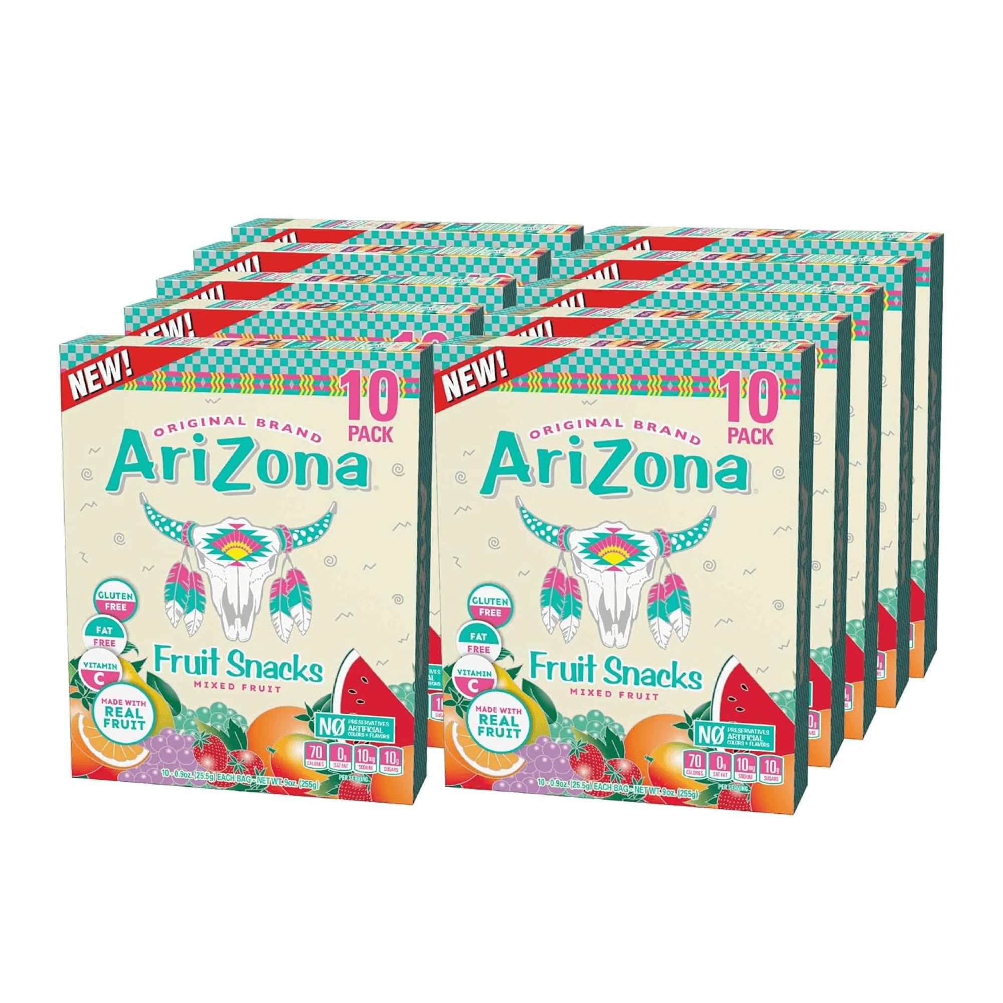 AriZona Fruit Snacks, Mixed Fruit - 10 Boxes of 10 ct. 0.9oz Bags (Total 100 ct. 0.9oz Bags) - Gluten Free - Gummy Chews