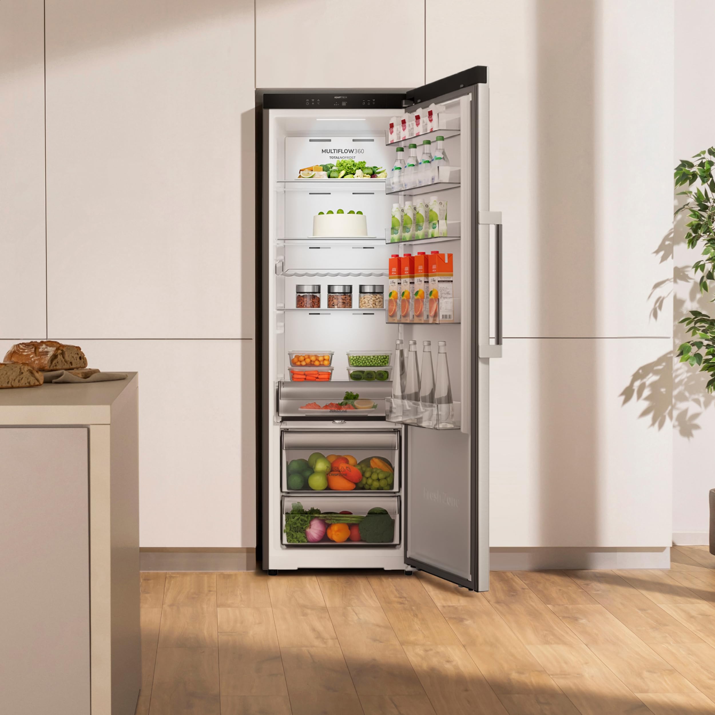 Gorenje RN618C6X6WF Kühlschrank, 372 Liter, SmartFit, 185cm Höhe, CrispZone mit Feuchteregler, Wifi, Flaschenhalter, Easy-open Griff, Inverter, BxHxT: 59,5×185,6×60 cm, Edelstahl