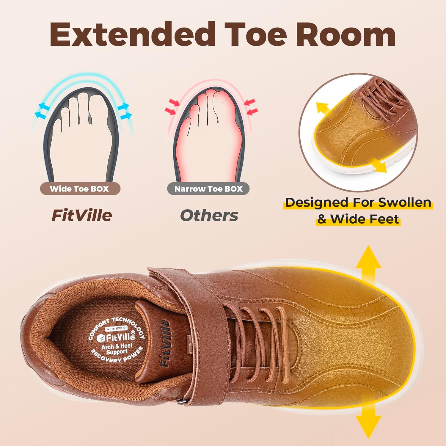 FitVille Diabetic Shoes for Men Extra Wide Comfortable Leather Walking Shoes Hook & Loop Orthopedic Dress Sneakers for Swollen Feet - Image 3