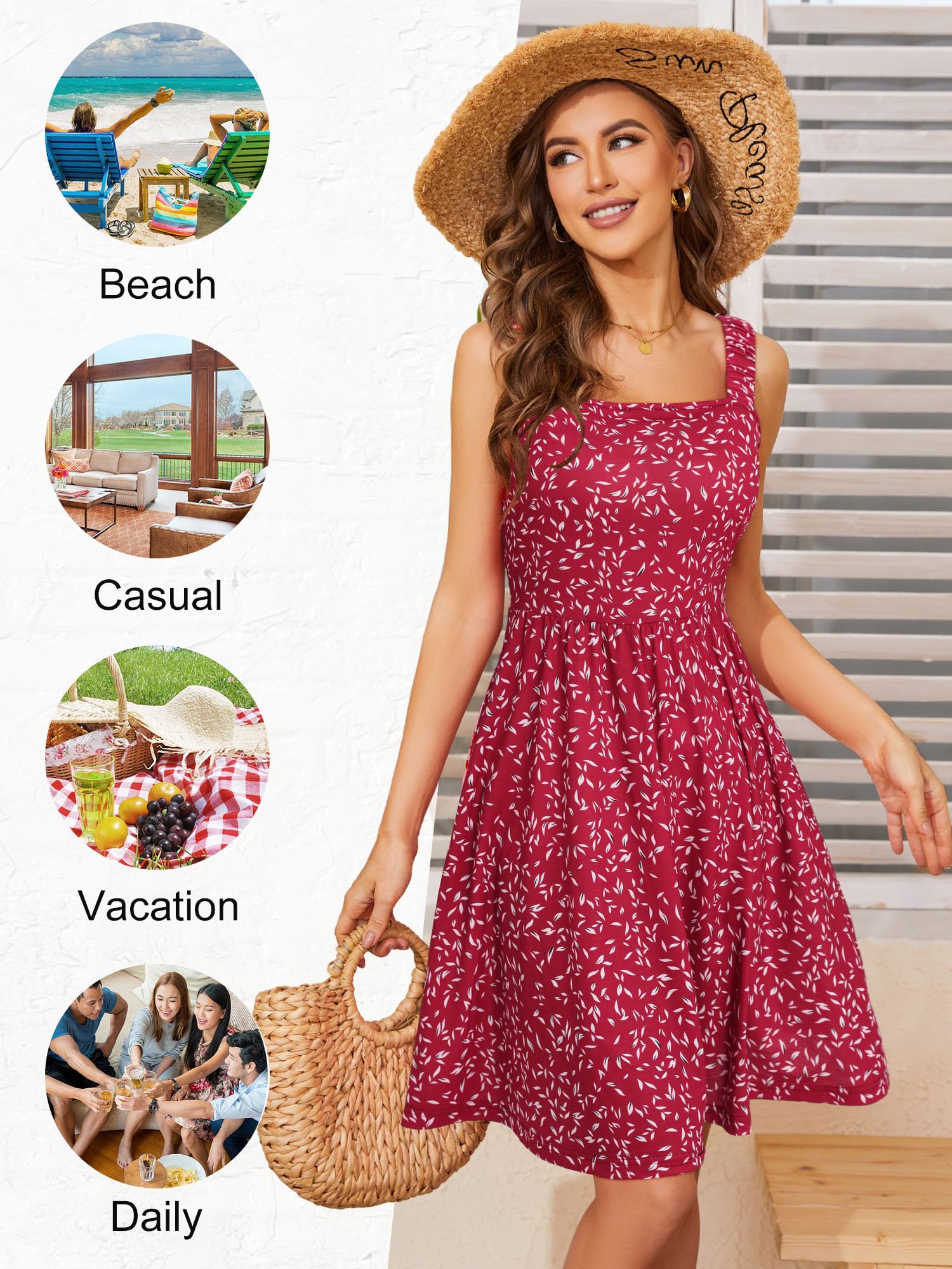HUHOT Women's Summer Casual Square Neck Dress with Pocket Cute Sleeveless High Waist A-line Sundress Midi Dresses 2026 Yellow XL: X-Large Red Flower-1