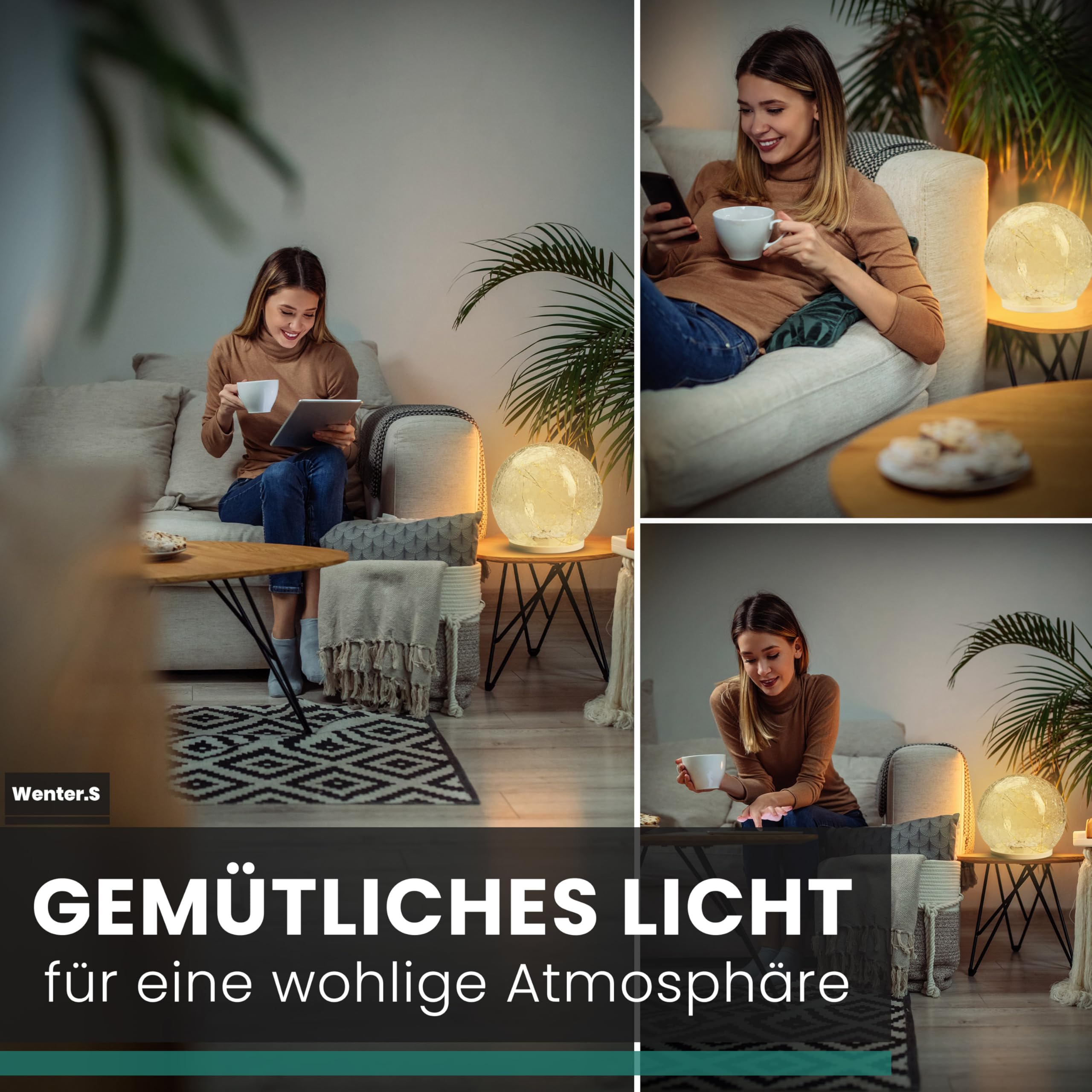 Wenter.S Deko Wohnzimmer LED Glaskugeln 3er Set groß kabellos Licht für