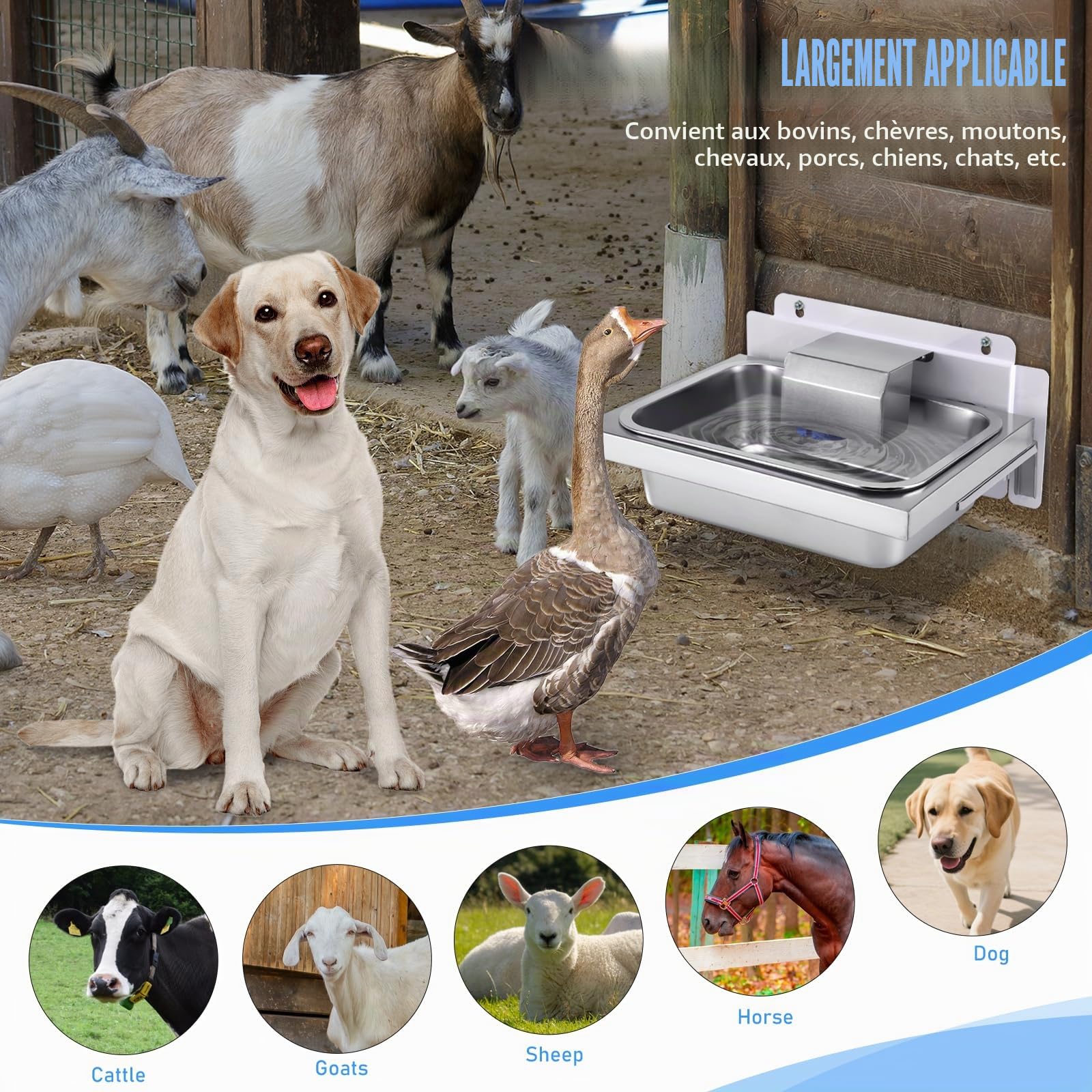 10L Abreuvoir Automatique pour Bovins Abreuvoir en Acier Inoxydable pour Chien avec Valve Flottante et Tuyau Tressé Abreuvoir pour Chevaux Bovins