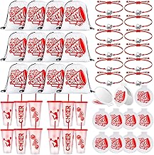 Zhehao 48 Pcs Cheerleader Gifts Bulk for Team Cheer Gift Include 12 Plastic Cups with Lid and Straw, Drawstring Bags, Bracelets, Compact Mirrors for Women Party Supplies Banquet(Red)