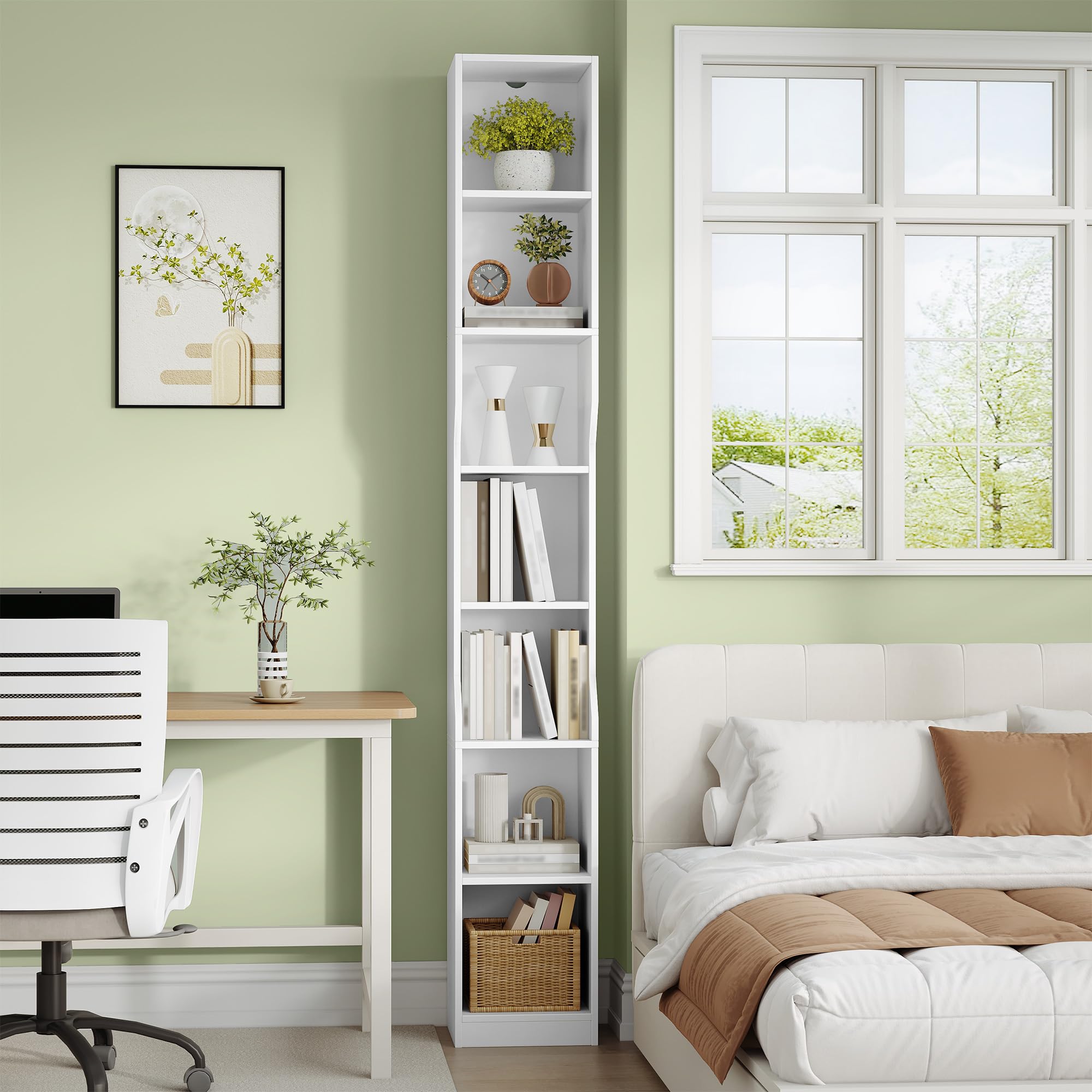 HEXCELEN Librería Vertical de 7 Niveles, 28 x 30 x 208,1 cm, Blanco | Estantería Estrecha, Estantería Cubo, Estanterías de Almacenamiento, para Estudio, Salón, Dormitorio, Moderno