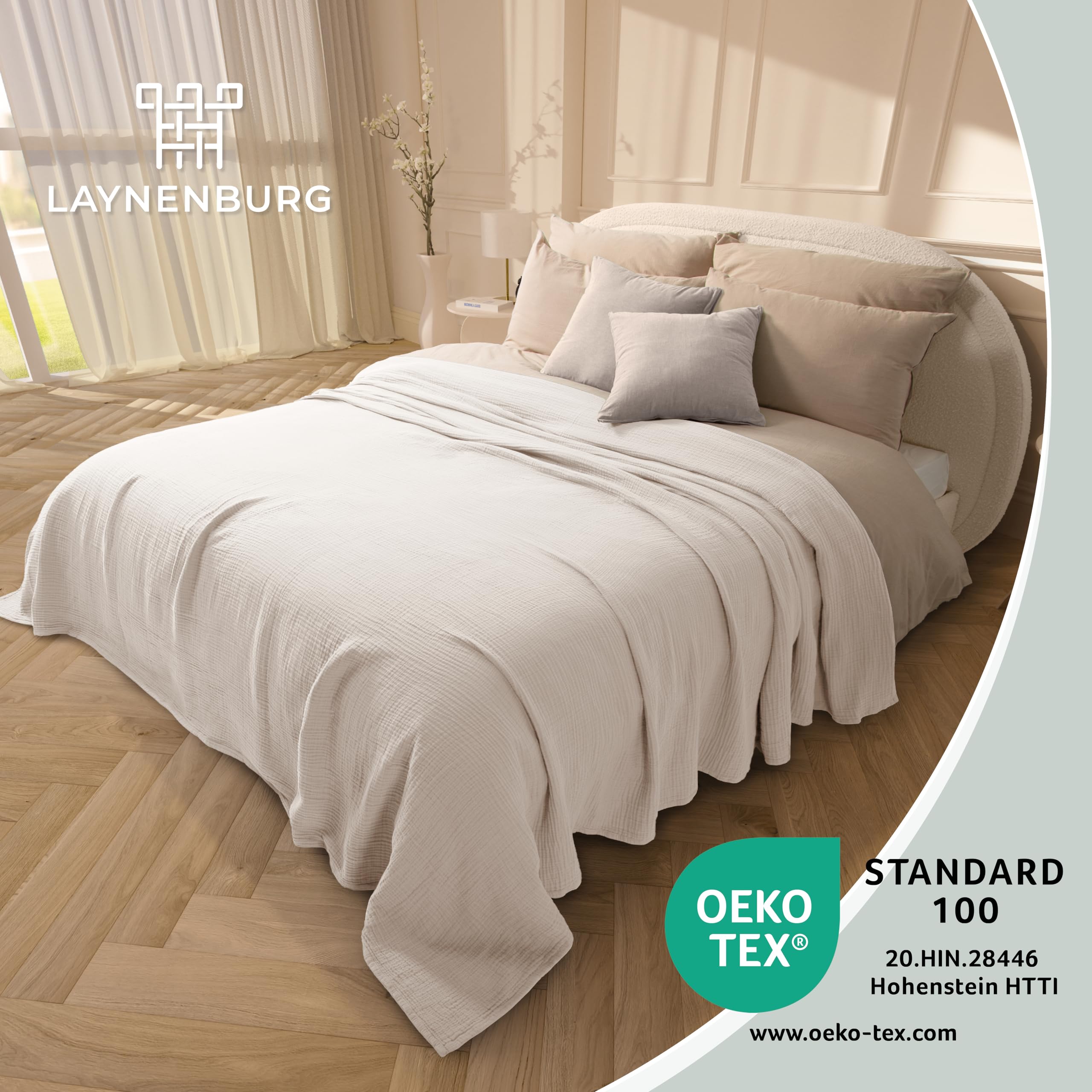 LAYNENBURG Narzuta muślinowa klasy premium, 220 x 240 cm, XXL, 100% bawełna, bardzo miękki koc bawełniany jako przytulny koc, narzuta na łóżko, narzuta na sofę, na kanapę, ciepły koc na sofę (kremowy)