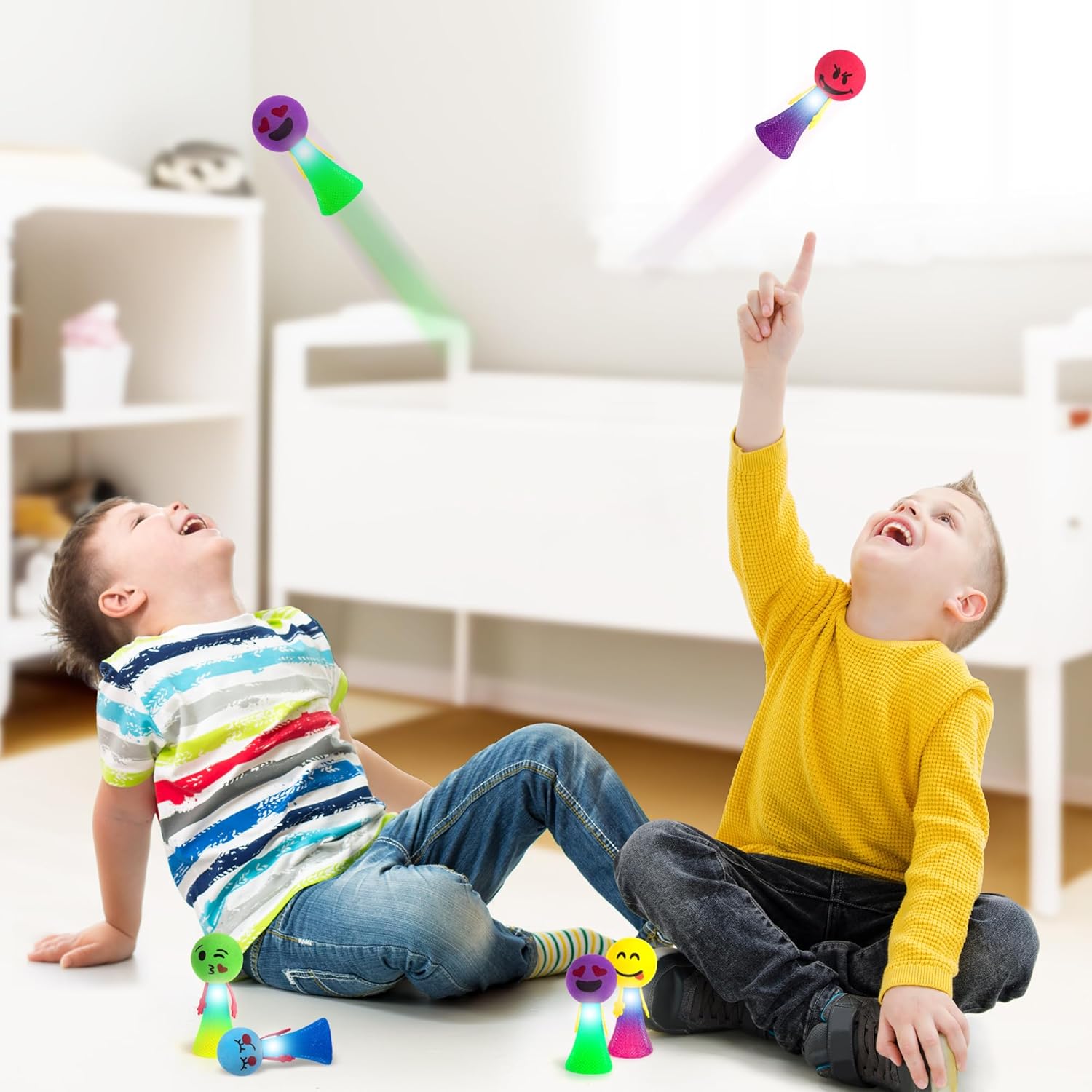 ArtCreativity Light-Up Jumping Popper Toys for Kids – 24 PCS LED Spring Launchers with Flashing Lights, Emoticon Faces, Jump Up to 4 Feet, Party Favors, Goodie Bag Fillers for Boys & Girls