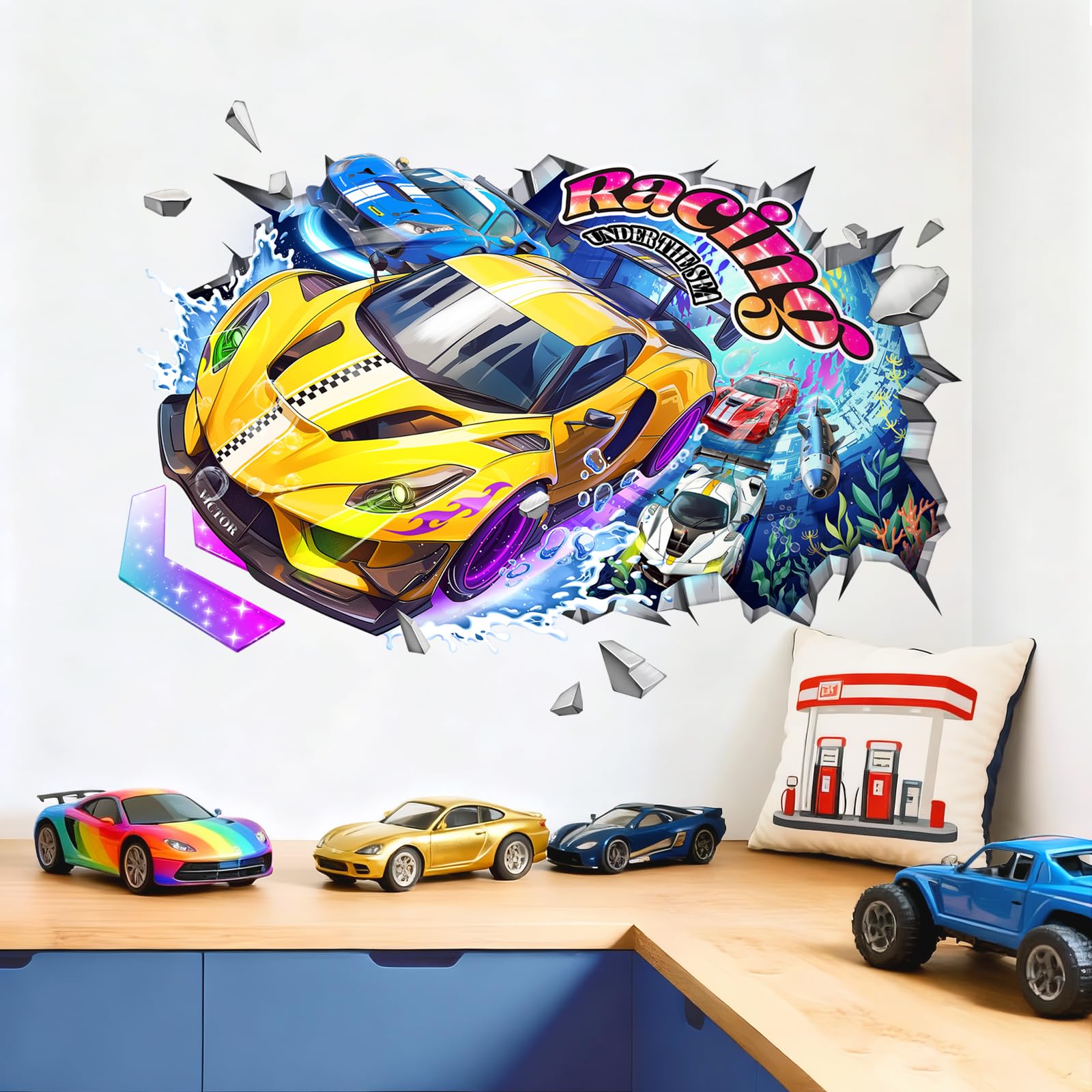 Tanlaby 3D Auto Wandtattoo Rennwagen Wandsticker Unterwasser Rennstrecke Zerbrochene Wand Wandaufkleber für Kinderzimmer Jungen, Babyzimmer und Jugendzimmer Wohnzimmer Schlafzimmer Wanddeko