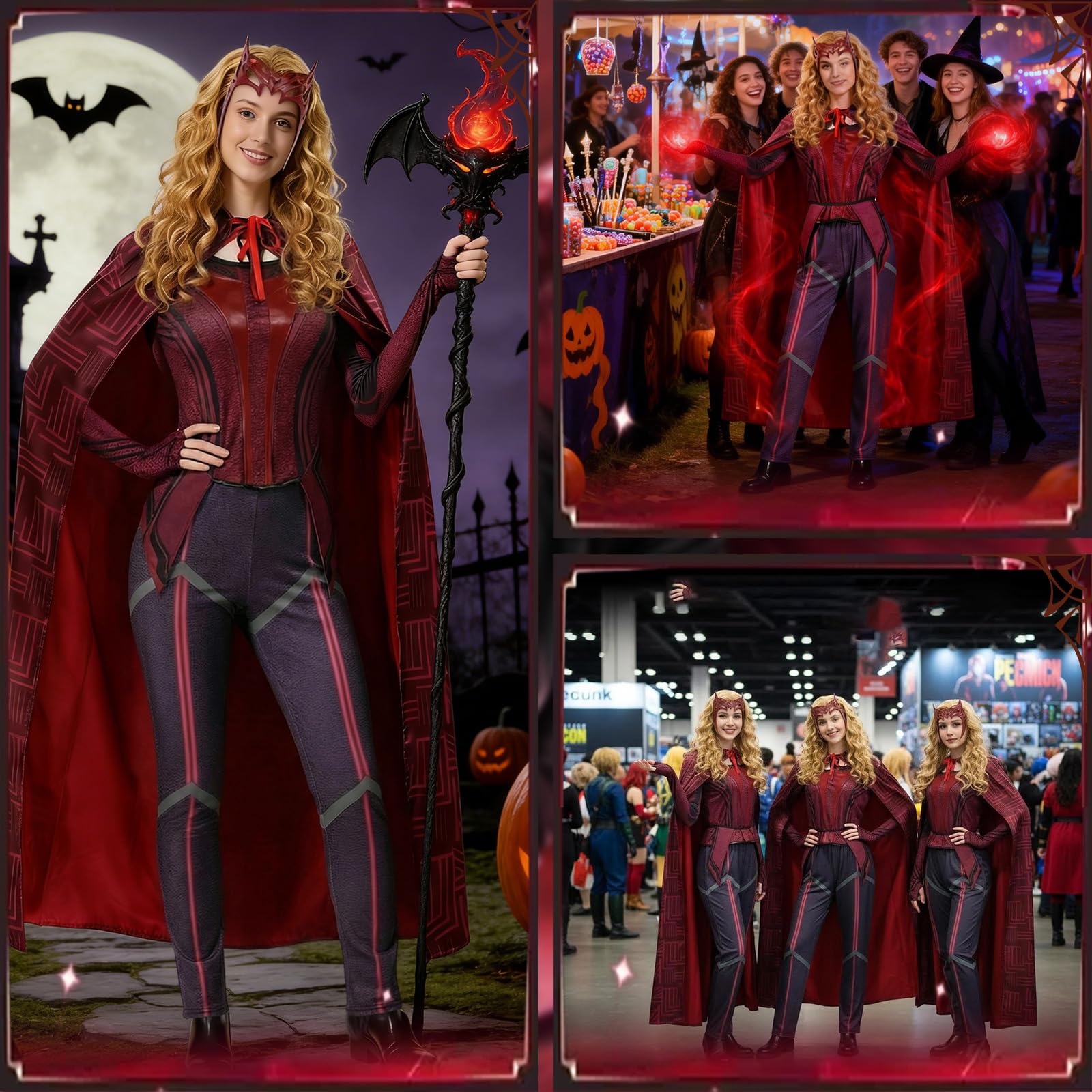 SINSEN Damen Wanda Maximoff Kostüm Scarlet Witch Cosplay Hose Anzug Umhang Outfit Kopfbedeckung für Halloween und Party
