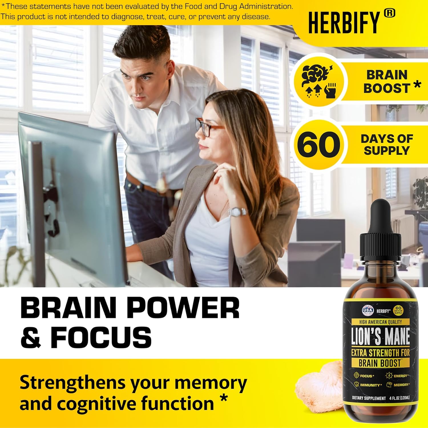 HERBIFY Lions Mane Supplement - Daily Mushroom Supplement for Memory, Focus & Clarity - Brain Booster - Lions Mane Tincture for Immune Support - 4 Fl oz - Image 2