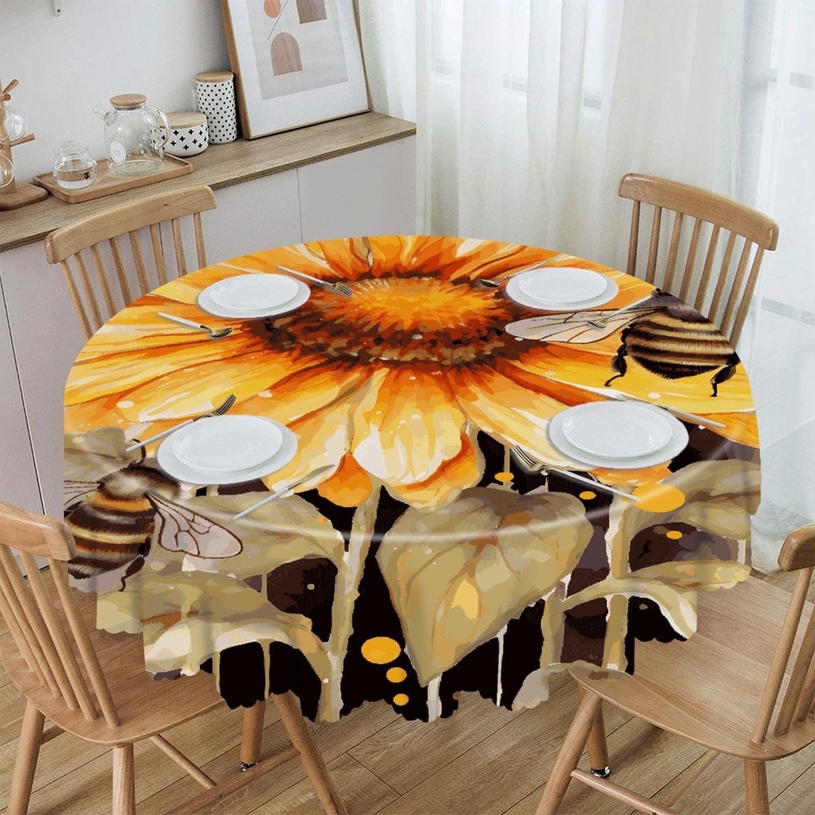 FekiLoot 60 Inch Round Blackboard Bees Sunflowers Tablecloth Waterproof Heavy Duty Polyester Table Cloth Spill-Proof Wipeable Table Cover Decorative Circle Dining Tablecover for Party Outdoor