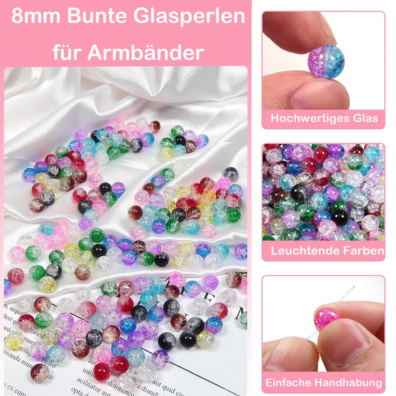 Glasperlen Set 450 Stück – 8mm Runde Perlen Zum Auffädeln Für Armbänder, Schmuck & DIY | 18 Farben, Mit Aufbewahrungsbox