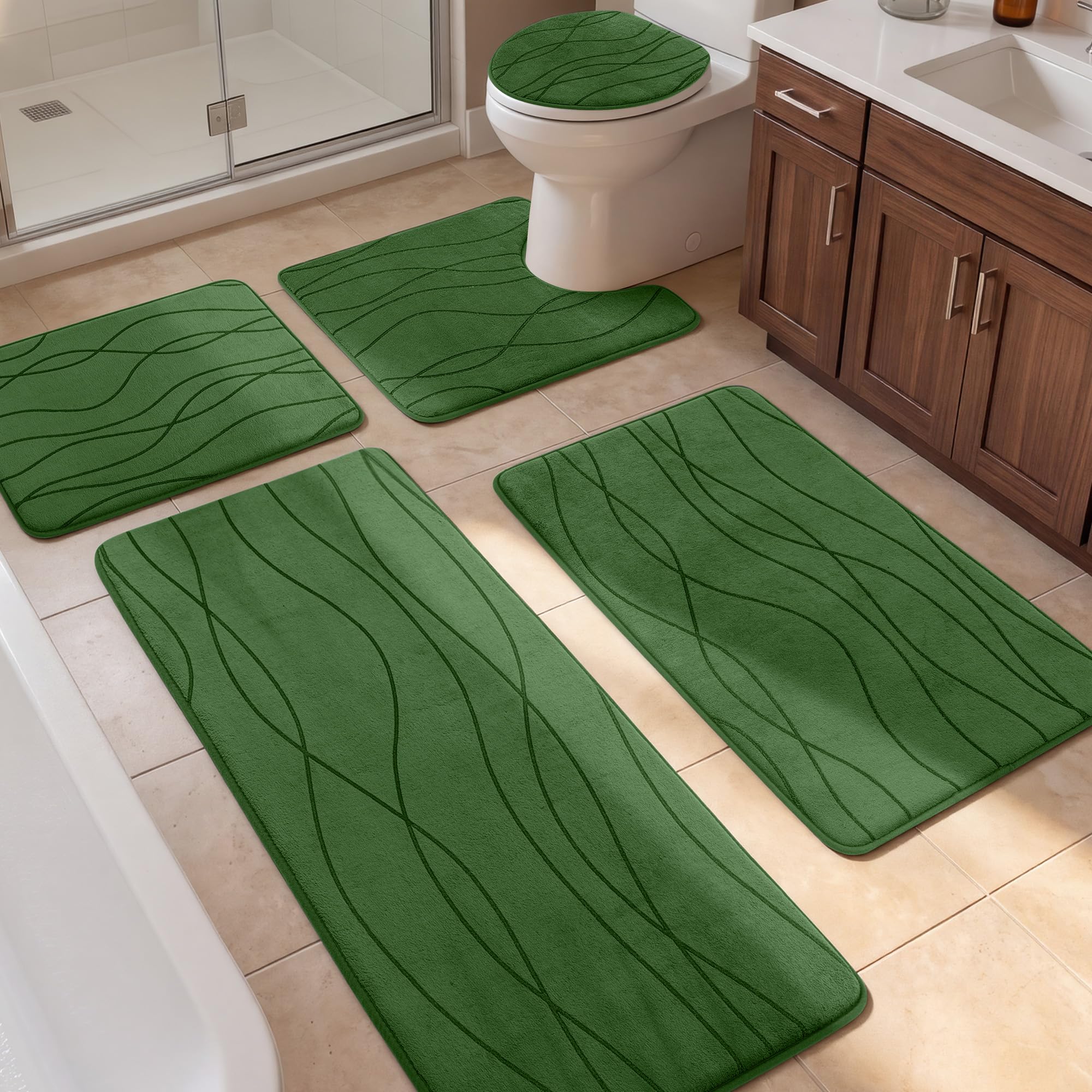 YIHOUSE Bathroom Rugs Set 5 Piece, Memory Foam Bath Mat Green