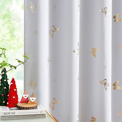 Miniatura 10 de Jubilantex Cortinas opacas de mariposa rosa y dorada de 95 pulgadas de longitud para habitación de bebé, habitación del bebé, 80% opacas con ojales,