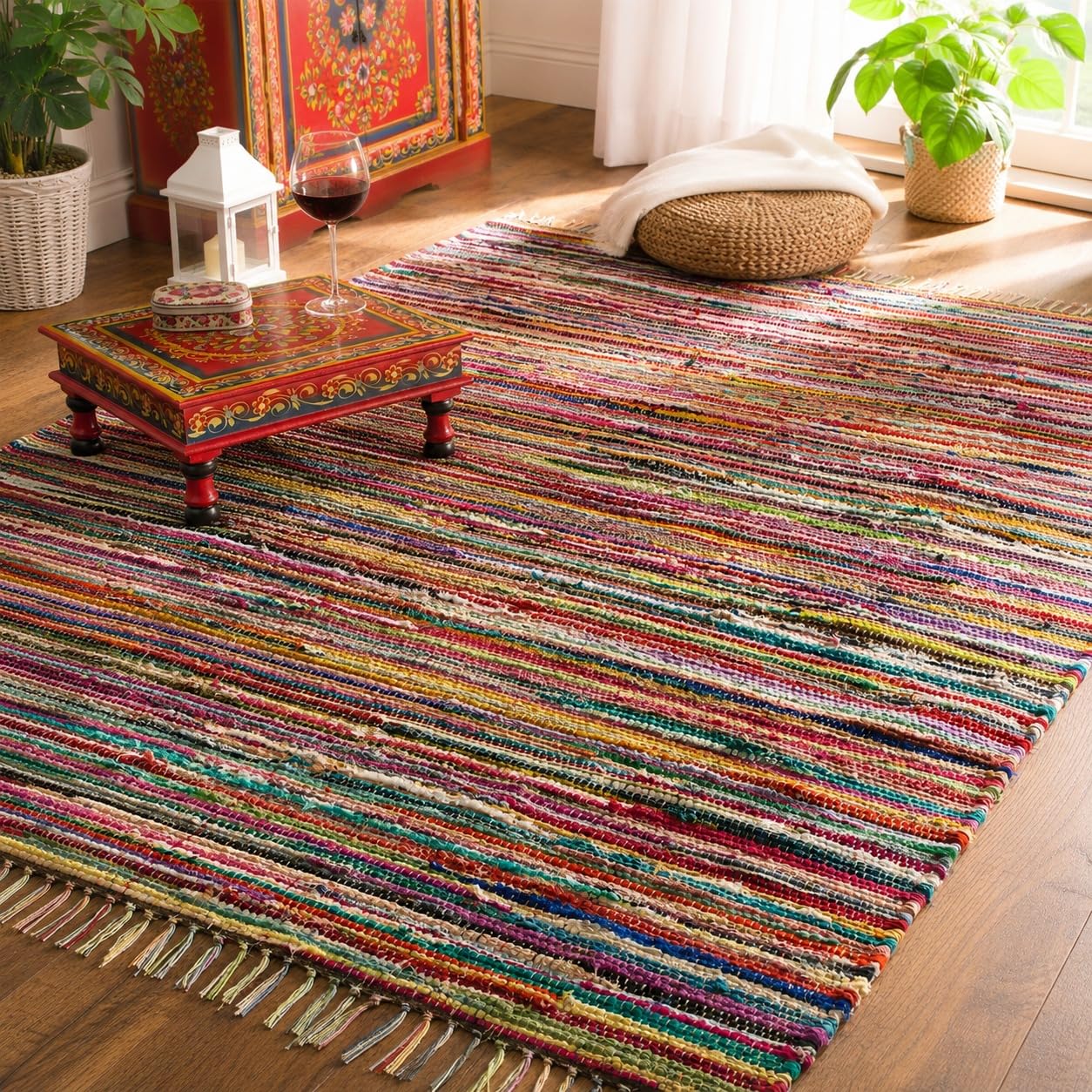 Hieftan Handmade Cotton Chindi Rug – Multicoloured Striped Recycled Decorative Area Rug Mat for Living Room & Bedroom 60x90 cm