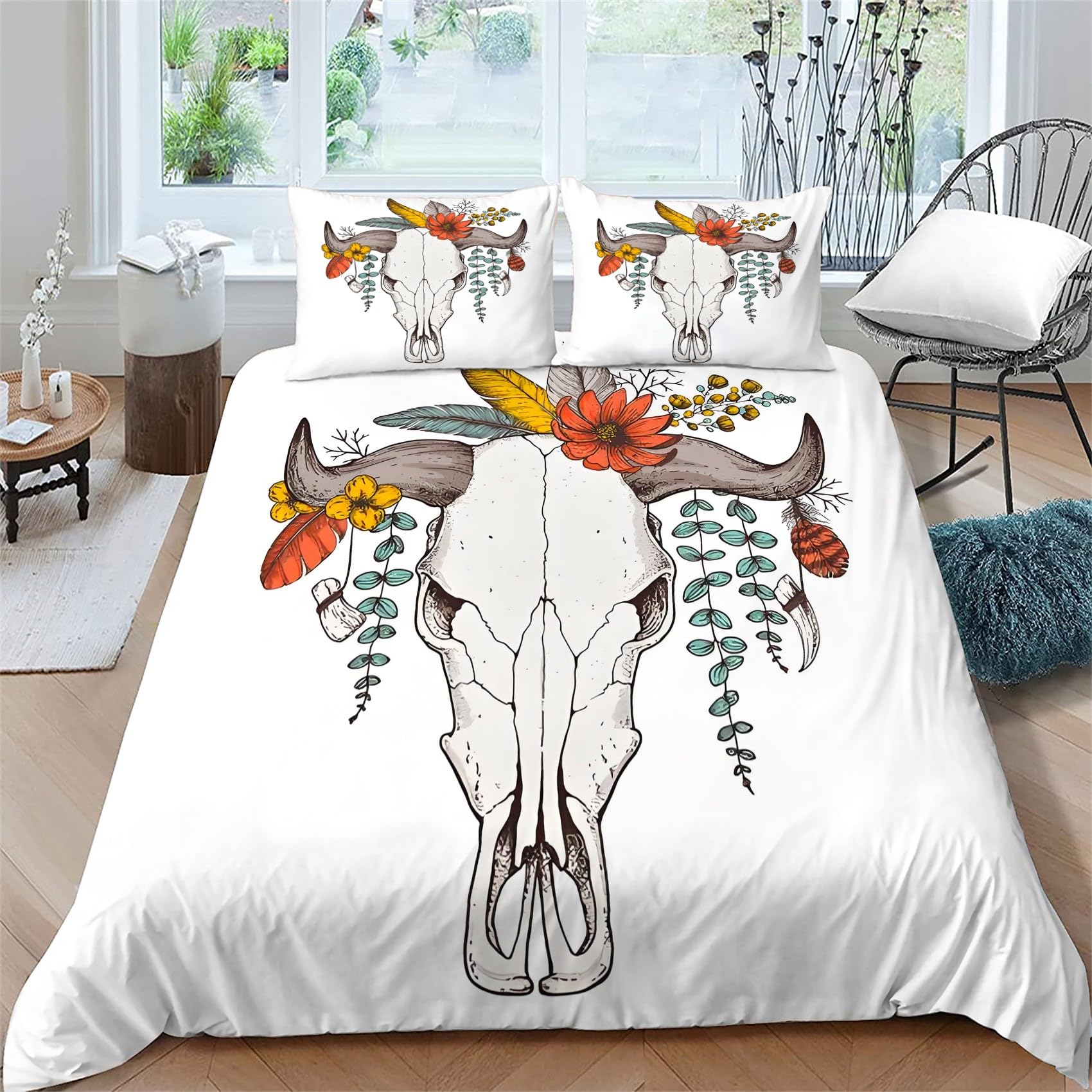 Generisch AN460 Pościel z białą głową owcy, 155 x 220 cm, żółte i pomarańczowe kwiaty, 3-częściowy zestaw pościeli z oddychającej i miękkiej mikrofibry, 2 poszewki na poduszkę z zamkiem błyskawicznym