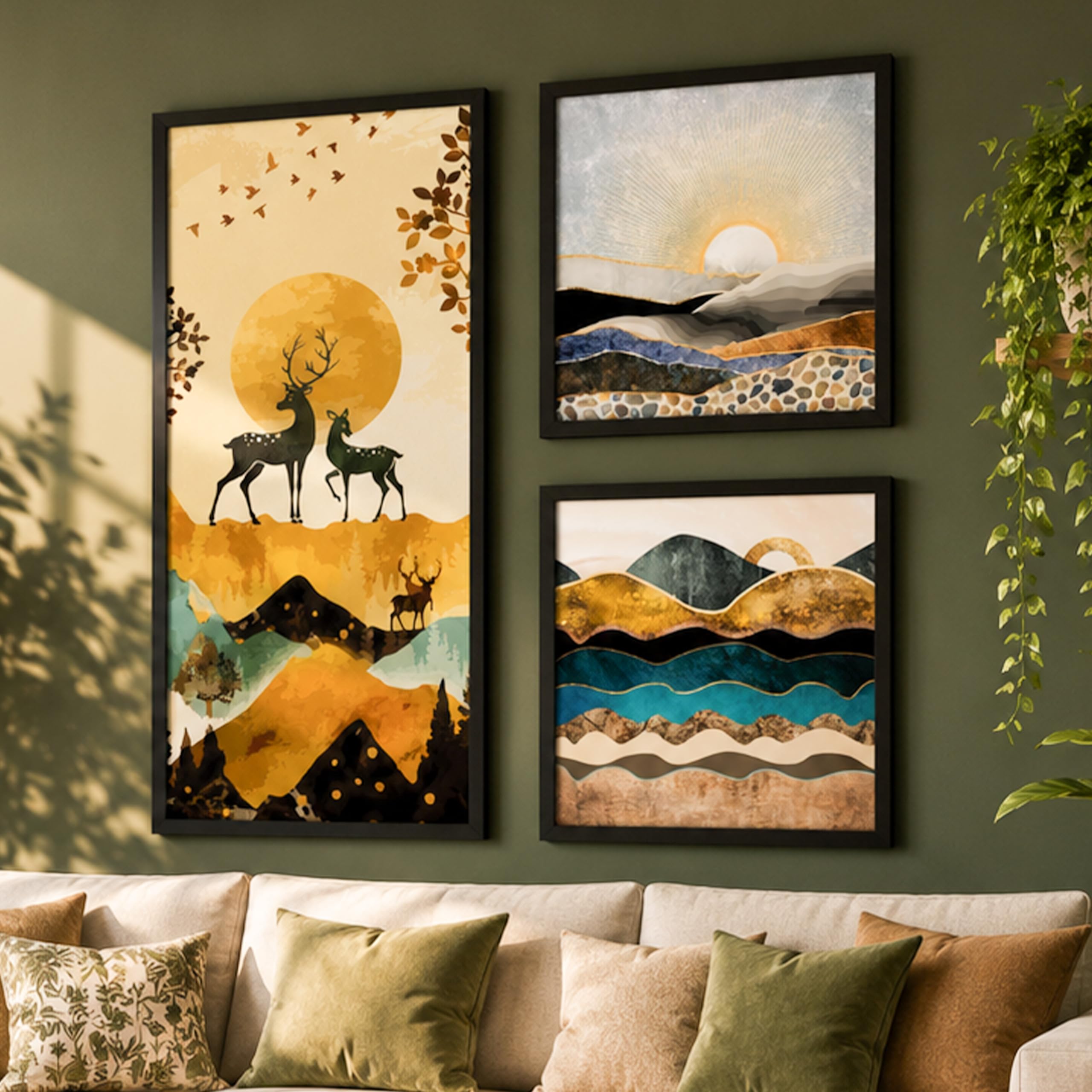 Landscape Deer Art Prints - Set of 3 Framed Wall Decor -2