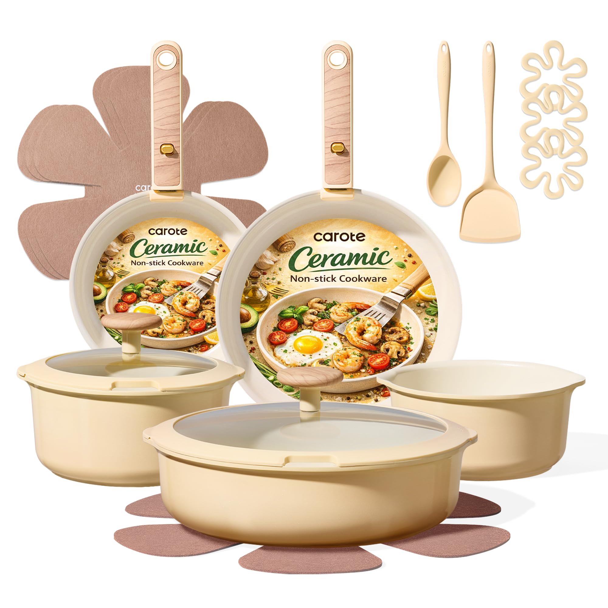 CAROTE 18 Pcs Ceramic Cookware Set Detachable Handle, Non Toxic Pots and Pans Set Non Stick, Induction Kitchen Cookware Removable Handles, Oven Safe, Stackable RV/Camping Cooking Set, Yellow