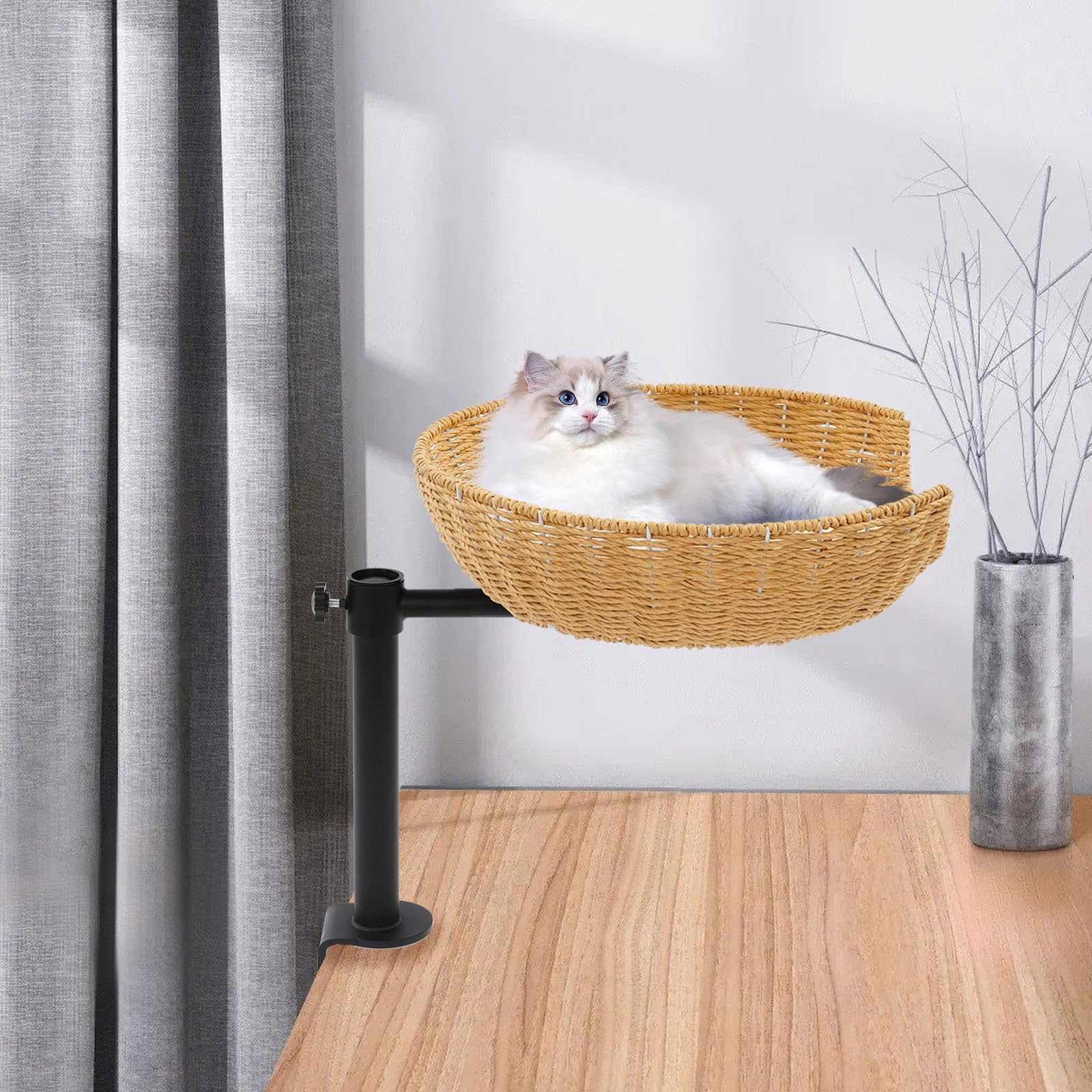 Katzenbett für Schreibtisch mit 360° Drehfunktion, Höhenverstellbares Erhöhtes Katzenhaus aus Papierkordel, Tischmontage Katzenhängematte mit 2 Saisonalen Polstern, Tragfähigkeit bis 22 kg, 40x13 cm