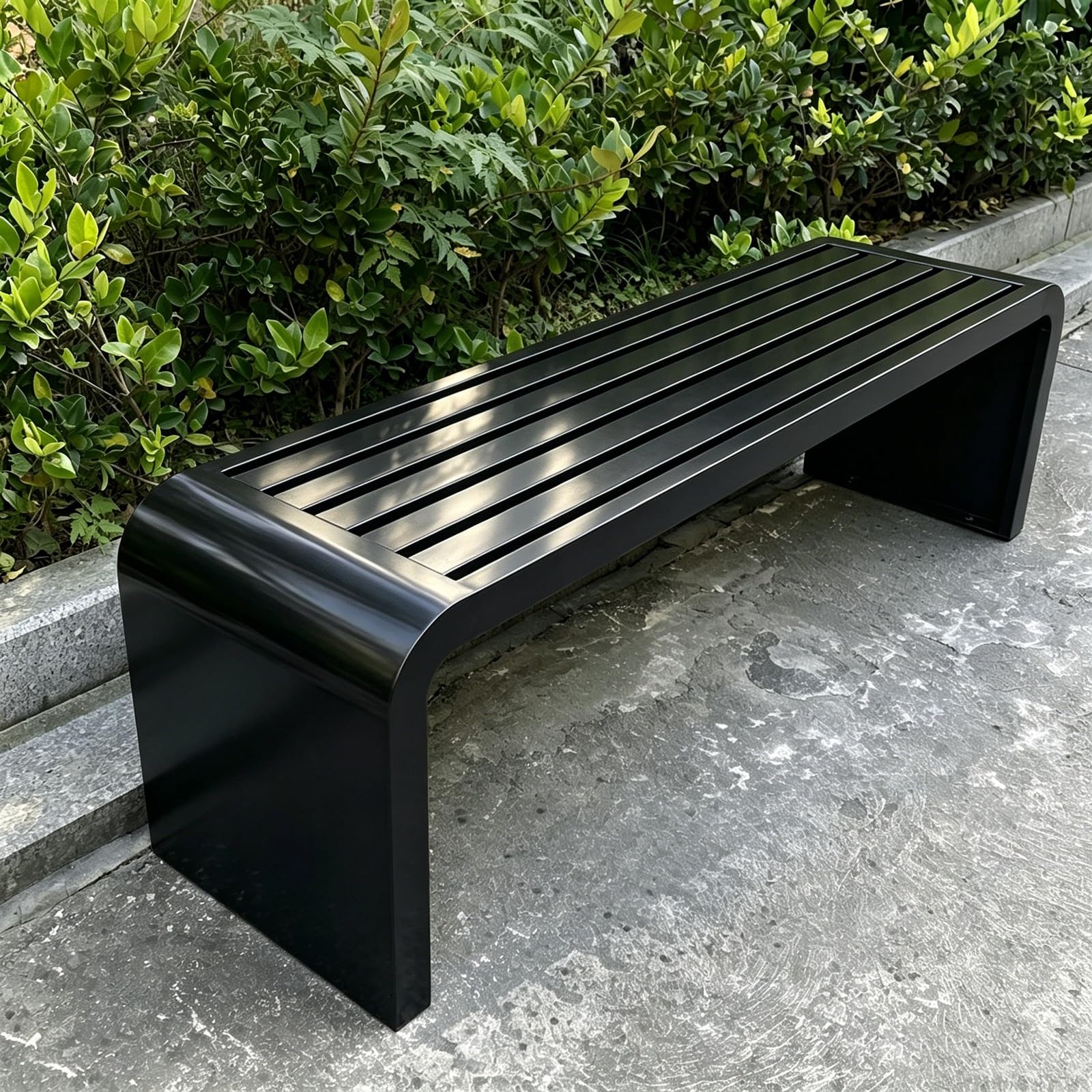 Wodoodporna czarna metalowa ławka zewnętrzna nowoczesny design bez oparcia siedzenia ogrodowe na każdą pogodę 150 cm meble ogrodowe do parków i patio stylowy wielokolorowy akcent