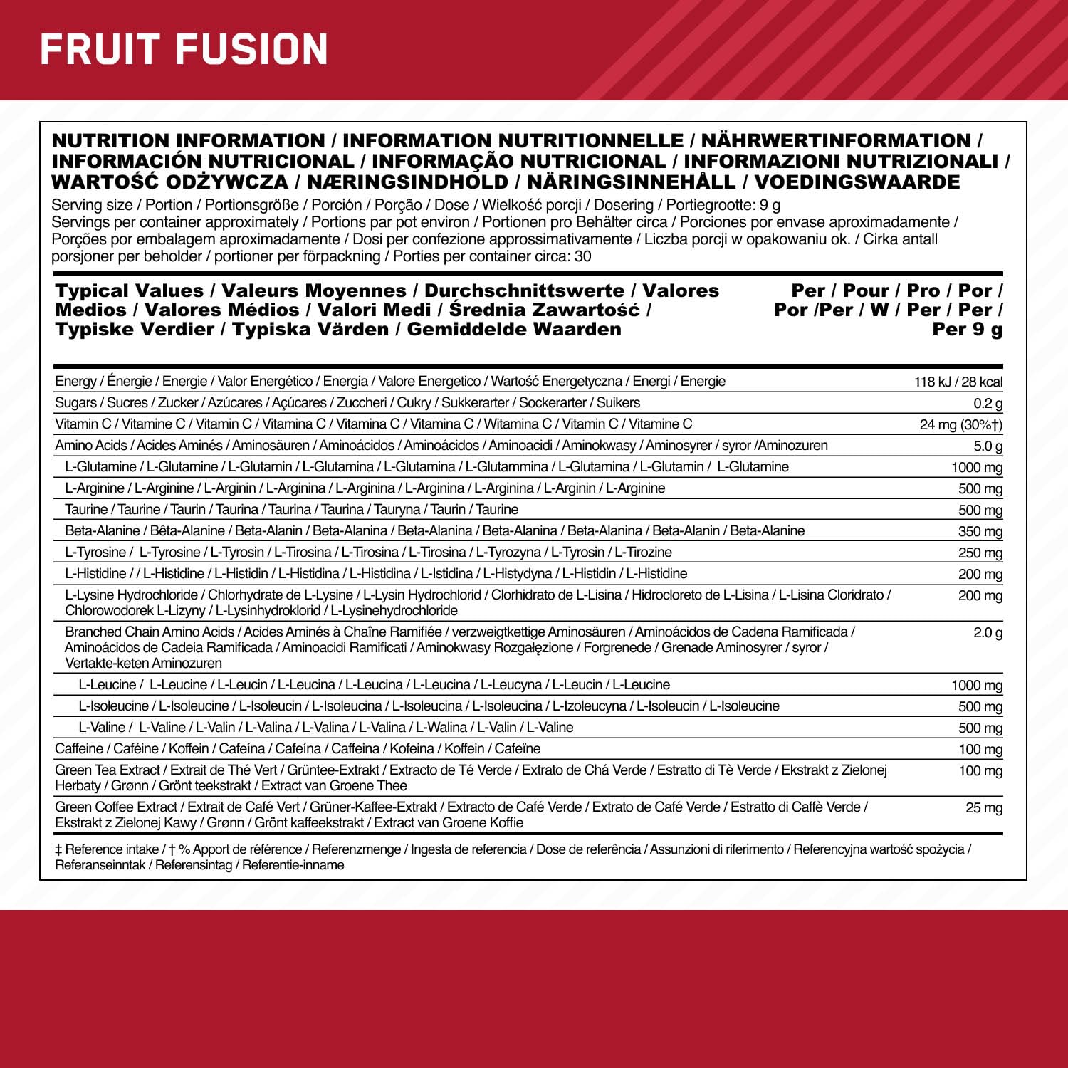Optimum Nutrition Amino Energy Polvo Pre Entrenamiento, Bebida Energética con Aminoácidos, BCAA, L-Glutamina y L-Leucina, Complemento con Vitamina C y Cafeína, Sabor Fruit Fusion, 30 Porciones, 270 g