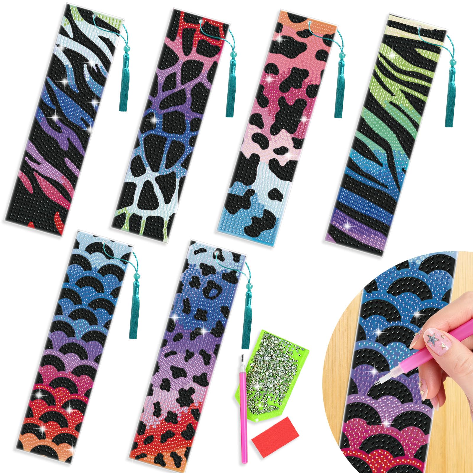 beinkmake 6PCS Animal Print Diamond Art Bookmark Kit for Adults DIY Diamond Art Craft Gift for Women Safari Leopard and Zebra Gem Painting Bookmark
