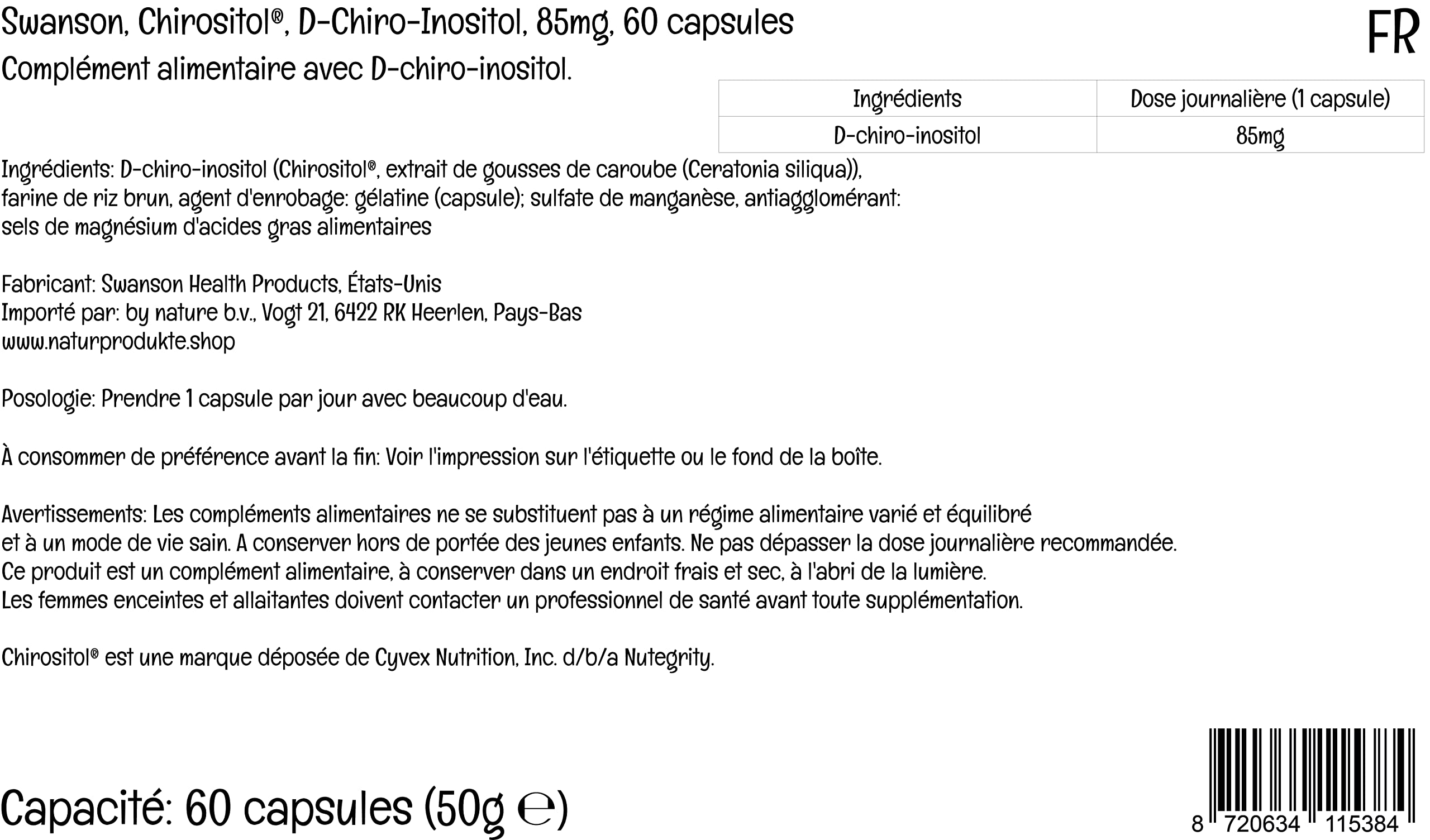 Swanson D-Chiro-Inositol, 85mg, 60 capsule, Testato in Laboratorio, Senza Soia, Senza Glutine, Non OGM