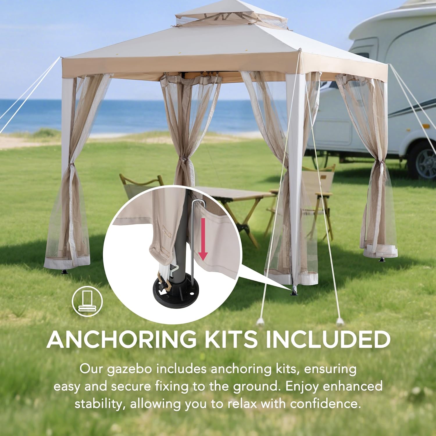 Sunjoy 8 x 8 ft. Soft Top Gazebo, Outdoor Patio Backyard Modern 2-Tier Steel Frame Gazebo with Mesh Netting - Grey & Khaki