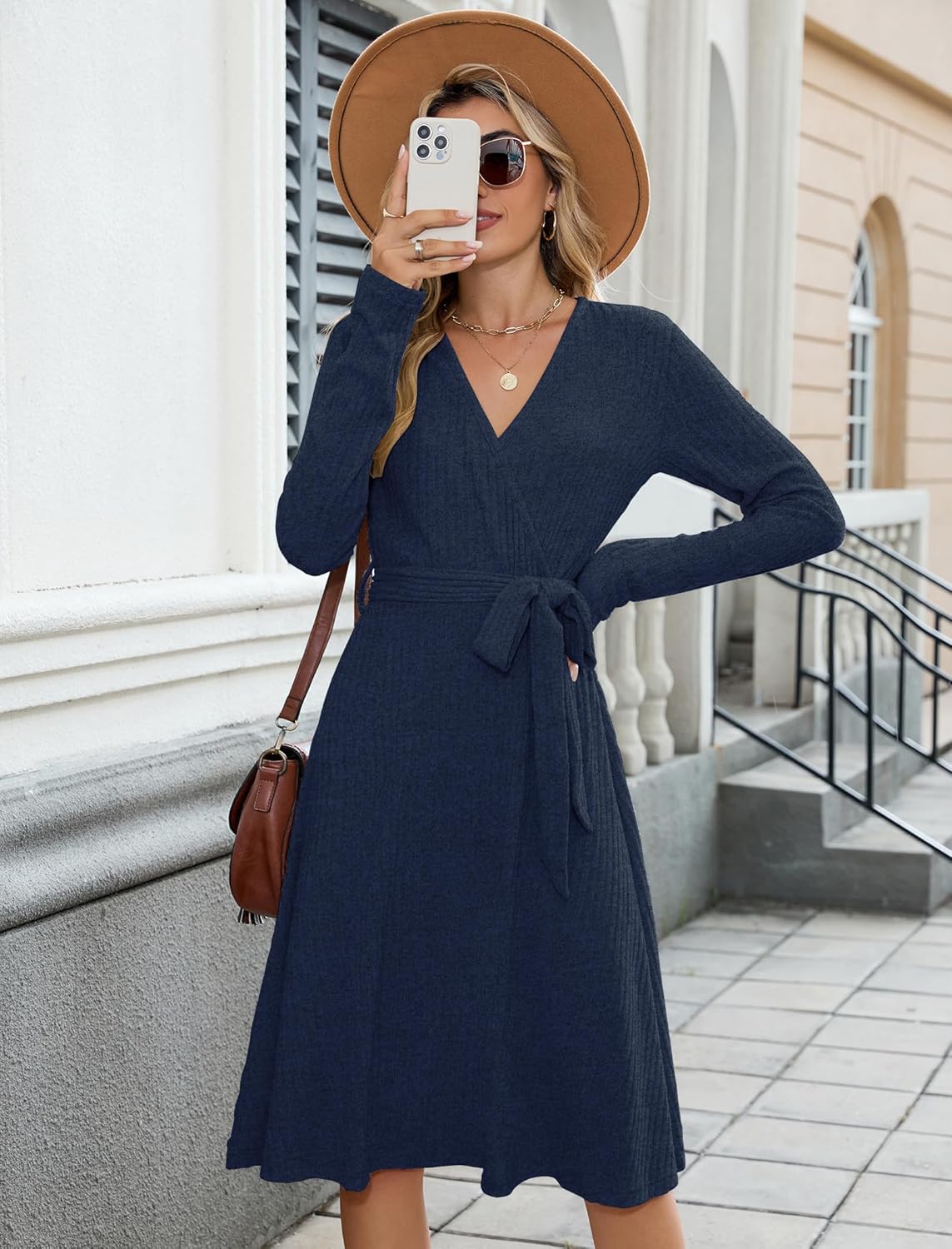 ZAFUL Women's 2025 Casual V Neck Long Sleeve Sweater Dress Wrap Ribbed Knit Pleated Midi Dresses with Belt - Image 7