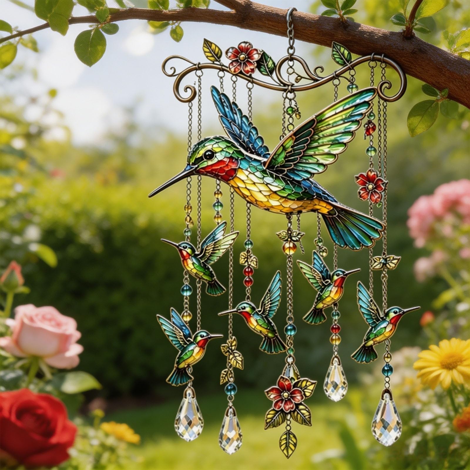 OLYGEE Graceful Hummingbird Wind Chimes for Outside, Stained Glass Crystal Sun Catcher Windchime, Colorful Yard Garden Decor Memorial Gift for Grandma Women (#A)