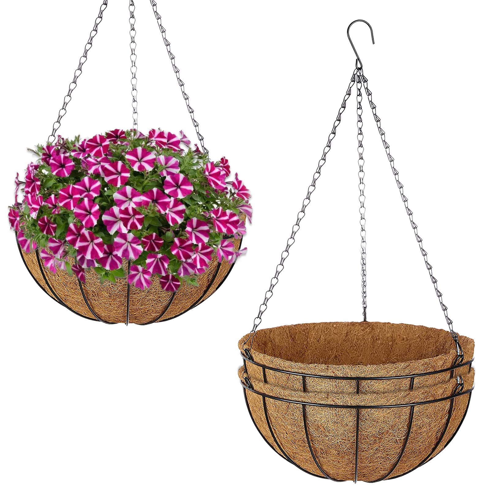 ZeeDix 6Packs 14in Metal Hanging Planter Basket with Coconut Coir Liner- Coconut Coir Liner with Black Chain for Porch Pots Hanger, Indoor Outdoor Plant Flower Pot, Garden Decorations