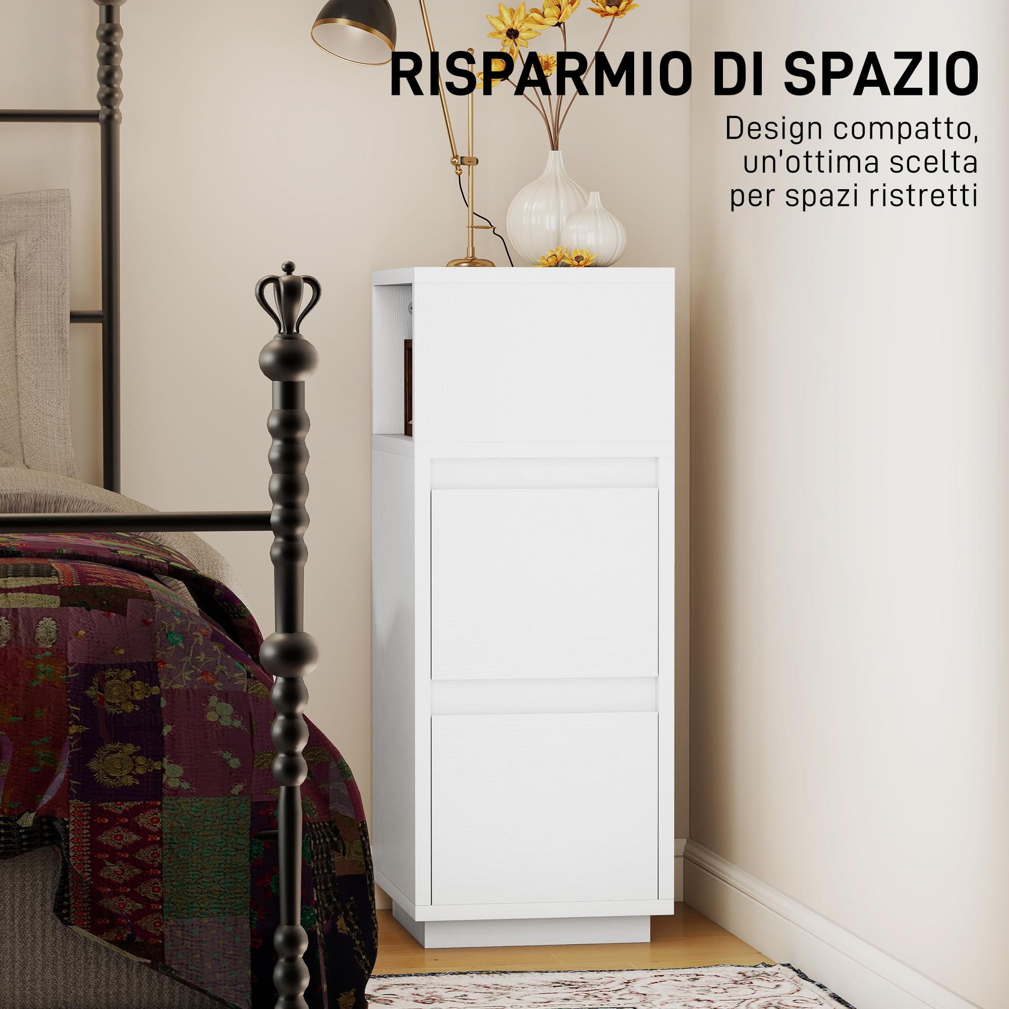 HOMCOM Set di 2 Comodini Camera da Letto Stretti e Alti 25x30x65 cm Bianco | Con 2 Cassetti e Ripiano Aperto, Comodini Moderni Salvaspazio, Tavolini per Divano, Soggiorno, Salotto e Camera