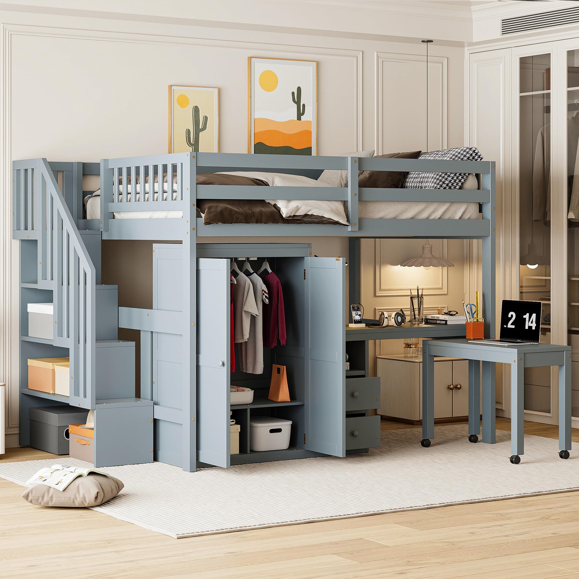 Full Size Wood Loft Bed with Desk,Wardrobe and Stairs, Bookshelf and Drawers,for Kids Teens Adults Bedroom Use (Gray#X, Full)