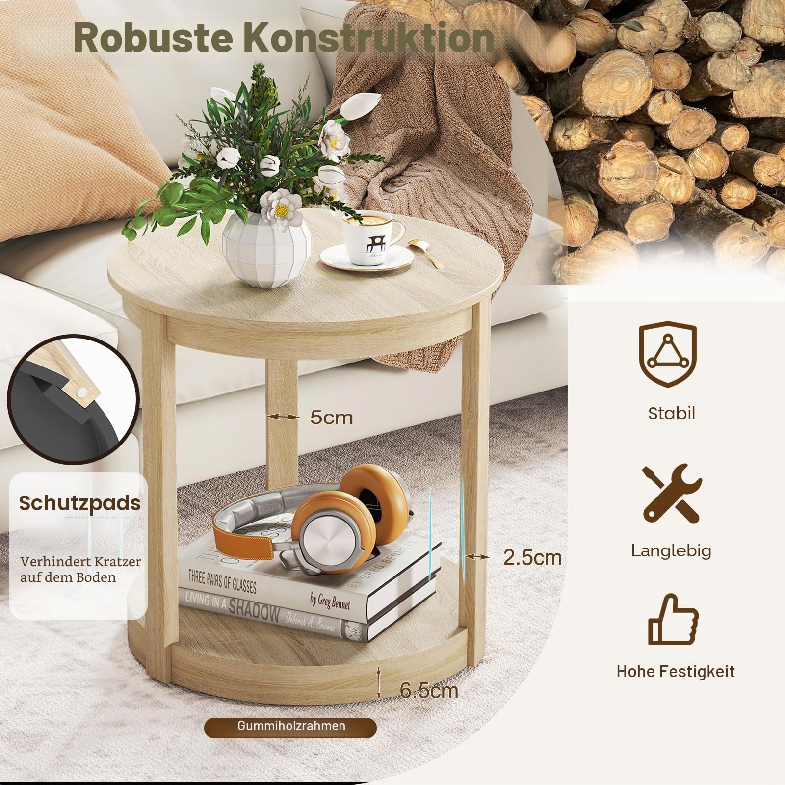 LIFEZEAL Kleiner Couchtisch, Wohnzimmertisch Holz mit 2 Ebenen für Wohnung, Runder Beistelltisch mit Ablagefach, Kaffeetisch Telefontisch für Wohnzimmer (Eiche)