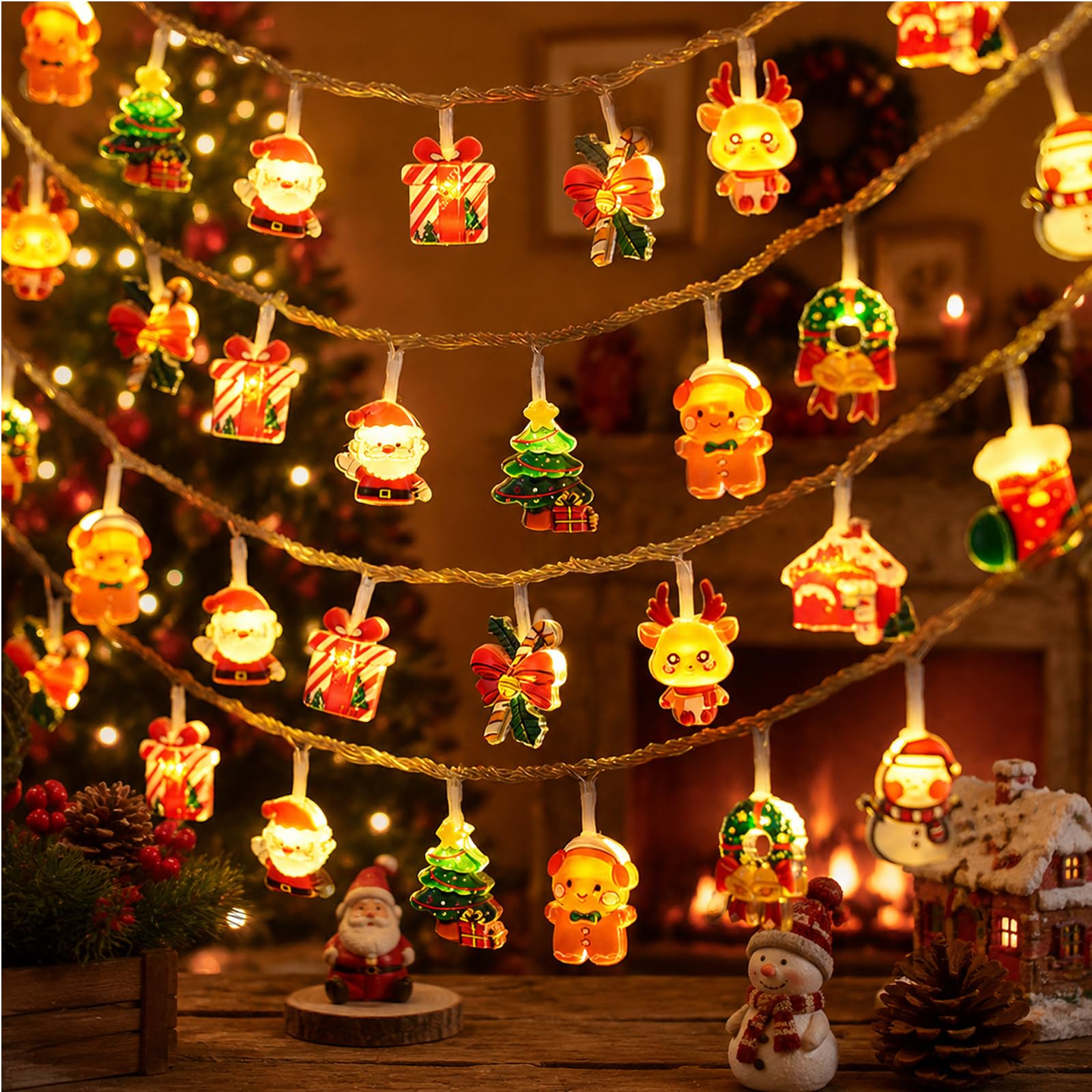 Christmas LED String Lights 3M 20 Lights, Mixed Xmas Fairy Lights with Santa, Reindeer, Christmas Tree, Indoor Decorative Lights for Home Bedroom Xmas Tree Party Decorations