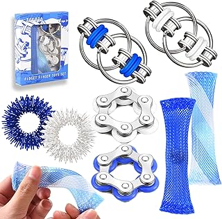 8 Pcs Sensory Fidget Toys Pack Flippy Roller Fidget Bike Chain Fidget Spinner Anxiety and Stress Relief Tools Mesh Marble Spiky Finger Ring Toy Set for Kids Teens Adults Desk Toy Children's Day