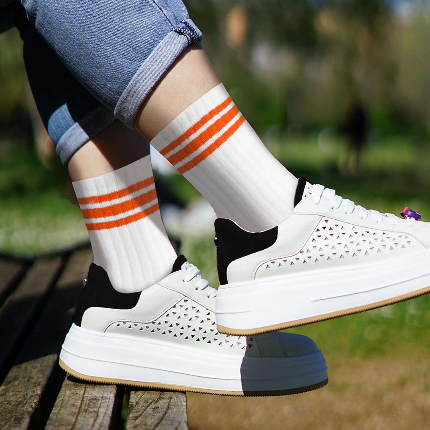 Women Athletic Ankle Socks Size 6–9, Cotton Terry Sole Tennis Socks with Blue Striped Colorful Infill on White Base