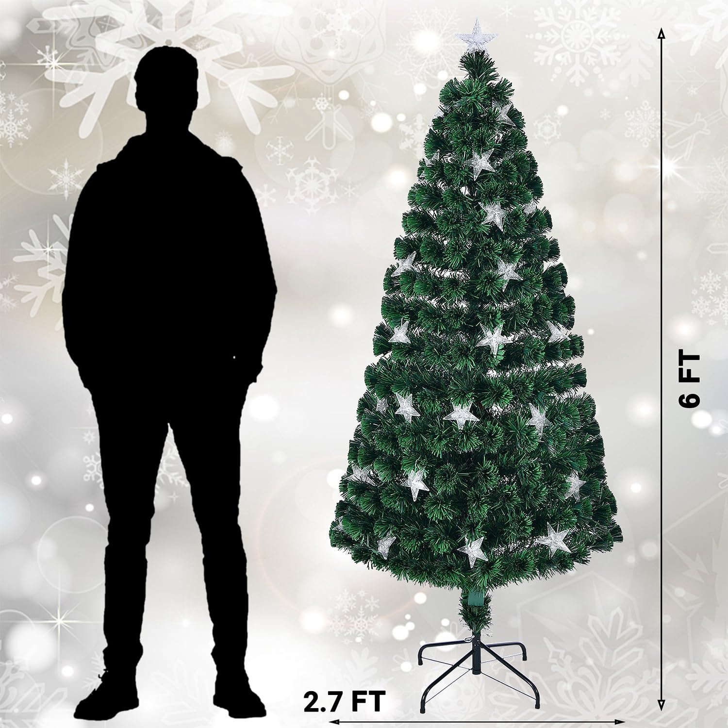 Juegoal Árbol de Navidad artificial preiluminado de 6 pies, árboles de Navidad de fibra óptica iluminados con estrellas grandes blancas cálidas y luces de fibra óptica que cambian de color, árbol