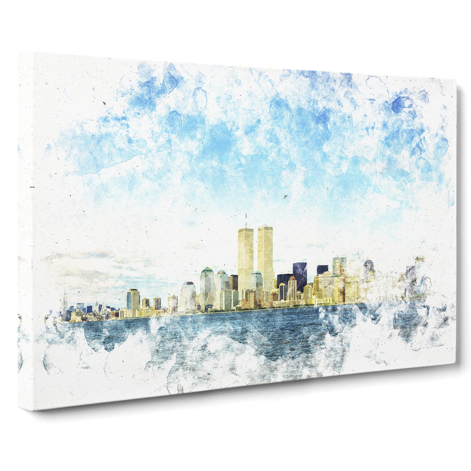 New York Skyline With The Twin Towers Watercolour Canvas Print, Mixed, 25L x 50W cm
