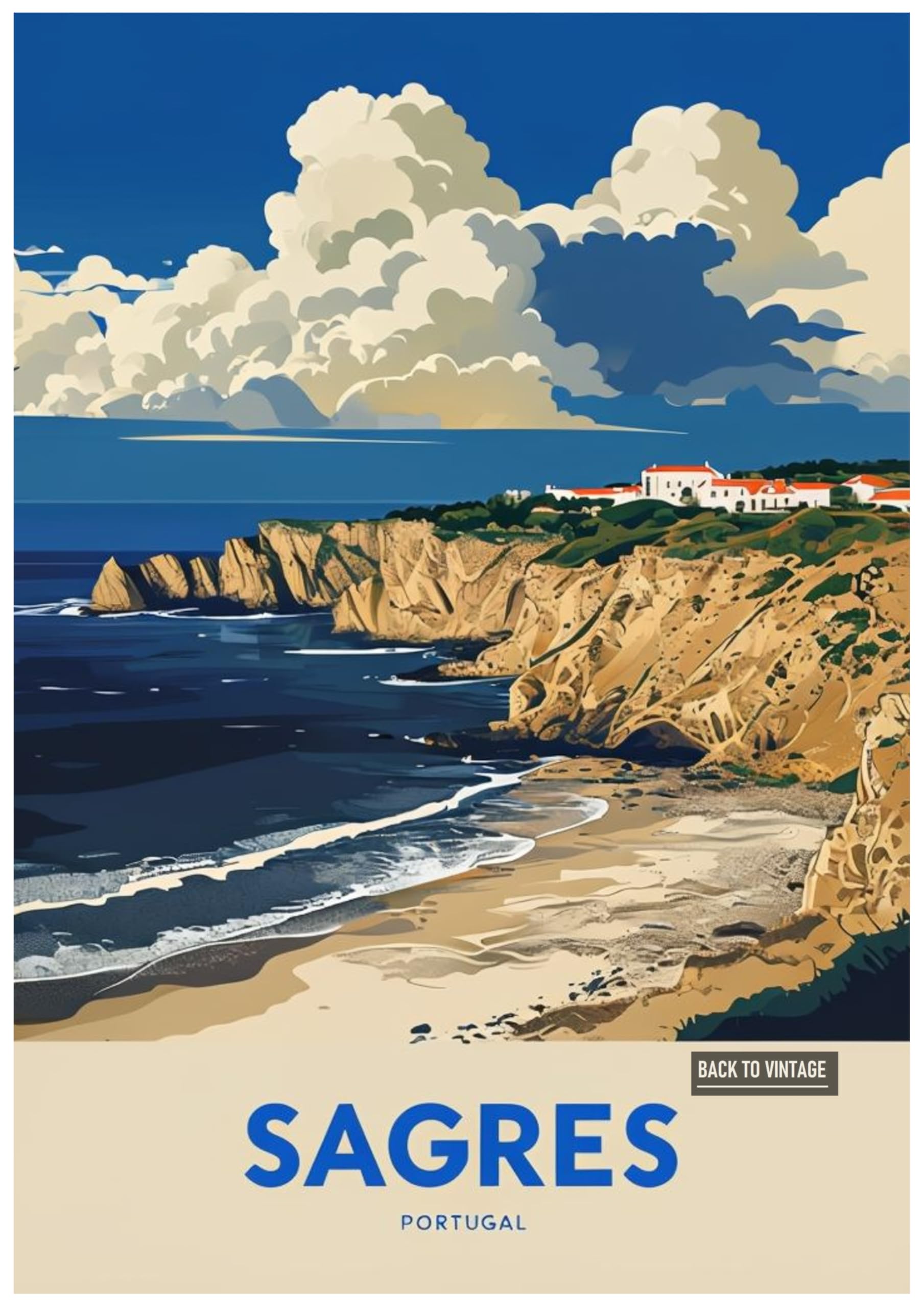 Back To Vintage Multicoloured Vintage Travel Poster Of Sagres Portugal Coastal Landscape - Retro Europe Travel Poster A4 Size Vintage Wall Art Print Of Famous European Destinations Ideal For Home Or Office Decor