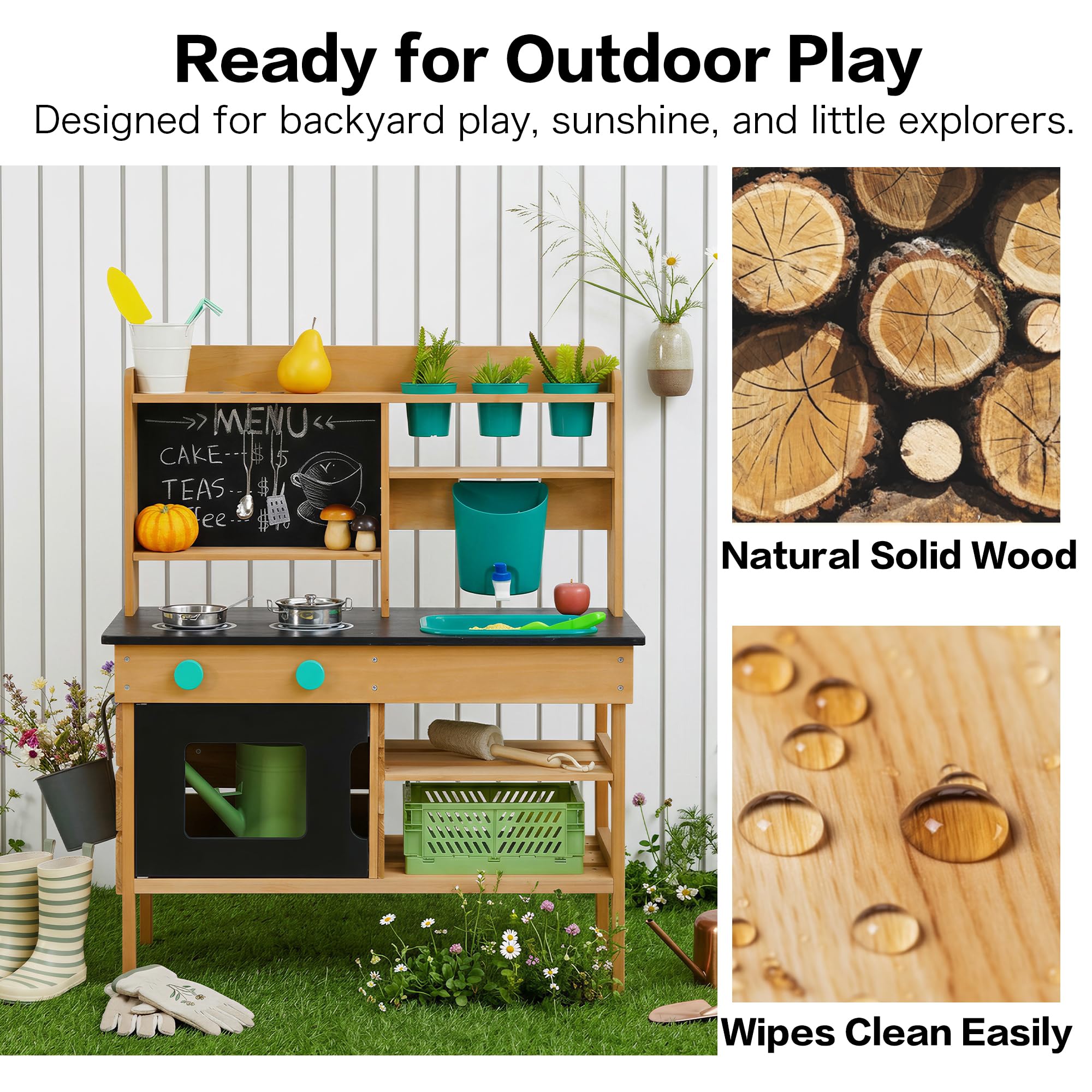 Matschküche Kinder Outdoor, Holz Spielküche mit Wasserhahn Wasserfunktion | Kinderküche für Kinder Zubehör, Spüle, Herd, Waschbecken Kinder, Mud Kitchen Gartenspielzeug für Jungen Mädchen ab 3 Jahren