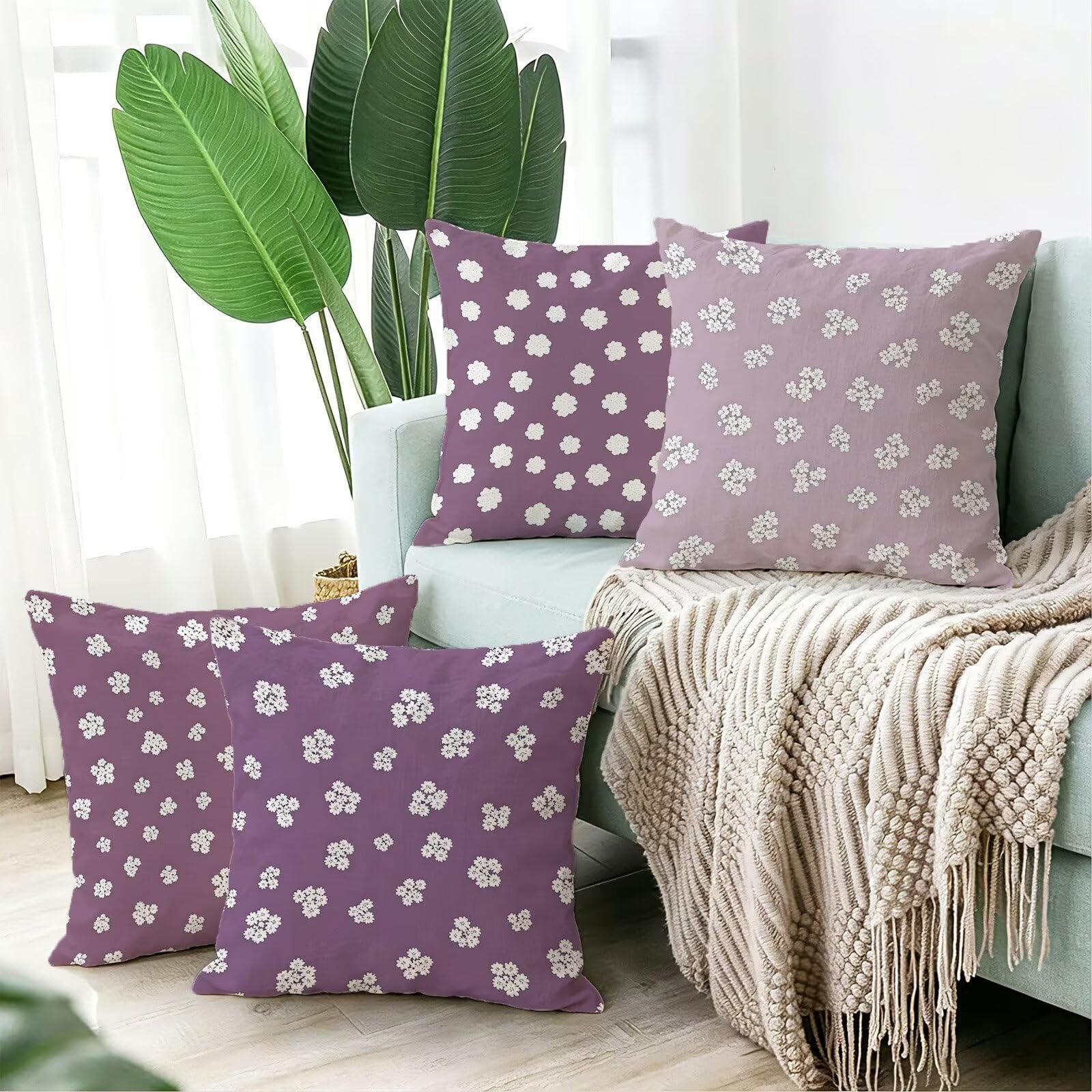 Viola Federe Cuscini Divano 40x40cm, Cuscini da Esterno Set de 4, Cod-45 | Velour Copricuscini Decorativi Letto Arredo, per Letto, Soggiorno, Giardino, Esterno, Casa Decorazione Set di 4 Fiore