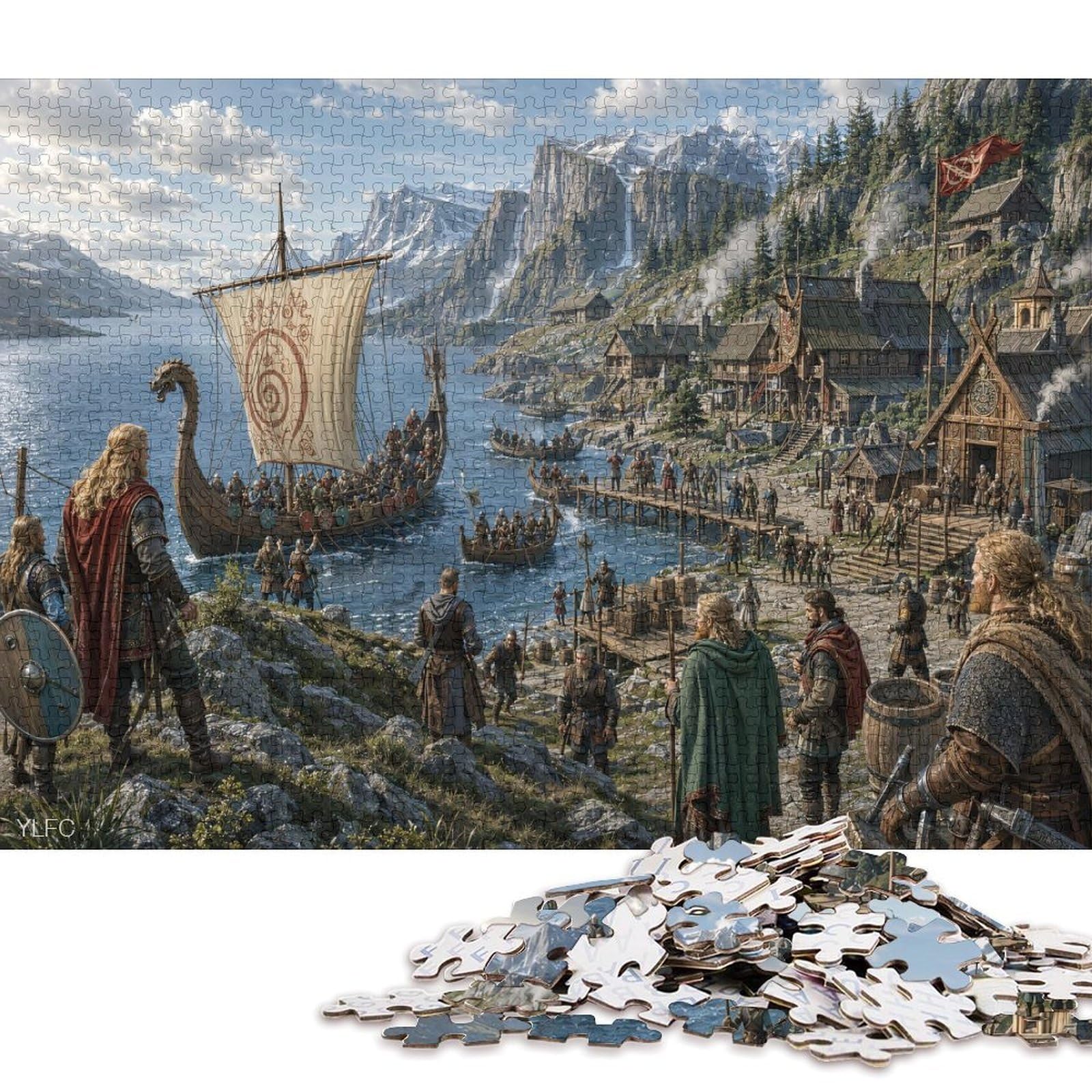 Viking Longship Nordic Fjord Village 1000 Piece Wooden Jigsaw Puzzle,Impossible Challenge,Stress Relief,Home Wall Decor,Great Gifts,Wood,Adults & Kids 14+,Educational Toy (75x50cm)