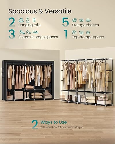 Miniatura 3 de SONGMICS Armario portátil, organizador de armario con tapa, 5 varillas para colgar y estantes, 4 bolsillos laterales, 17.7 x 83 x 65.7 pulgadas,