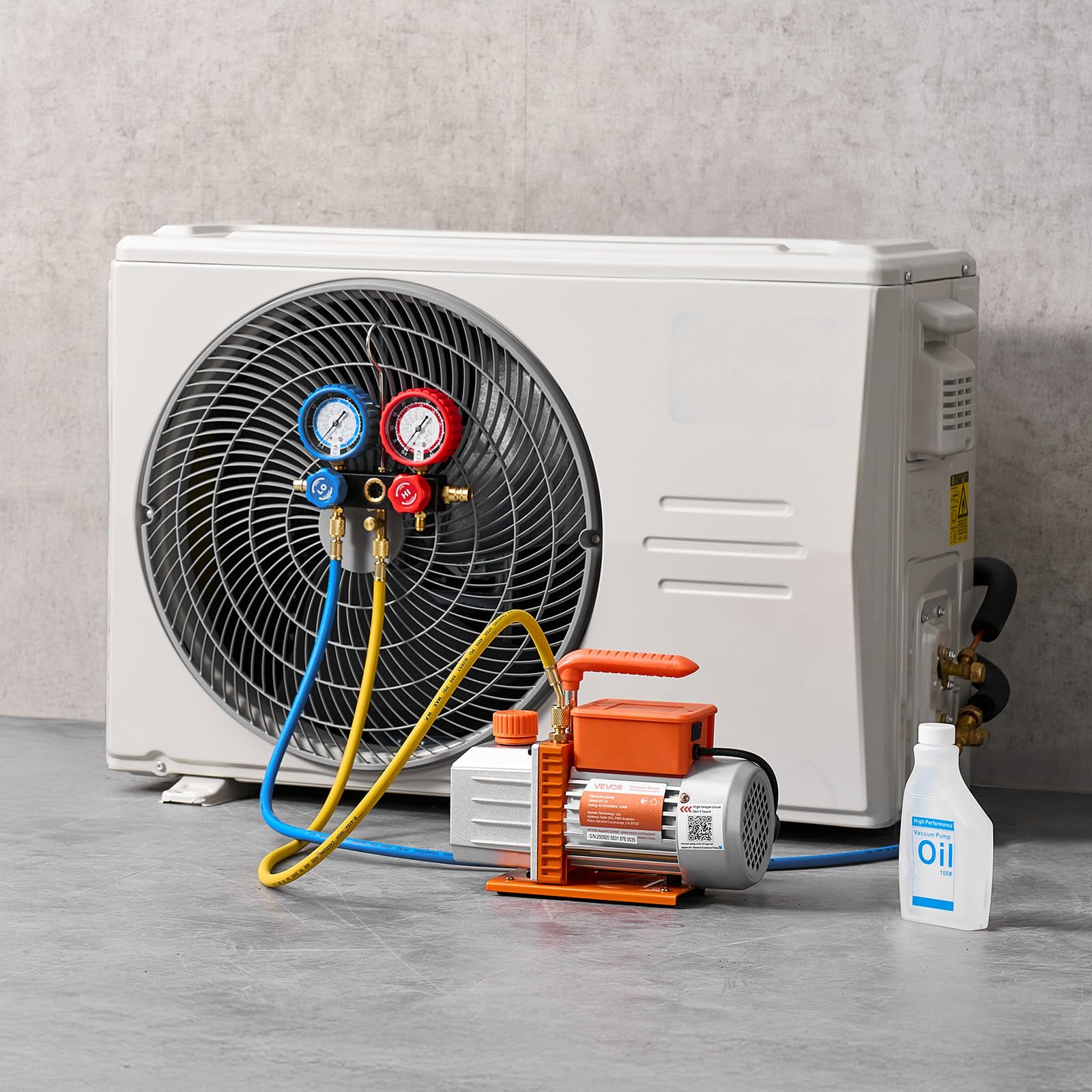 VEVOR Pompa próżniowa do klimatyzacji 128 l/min HVAC Pompa próżniowa 180 W z zestawem wskaźników i trójkolorowym wężem gumowym Torba transportowa 1440 obr.
