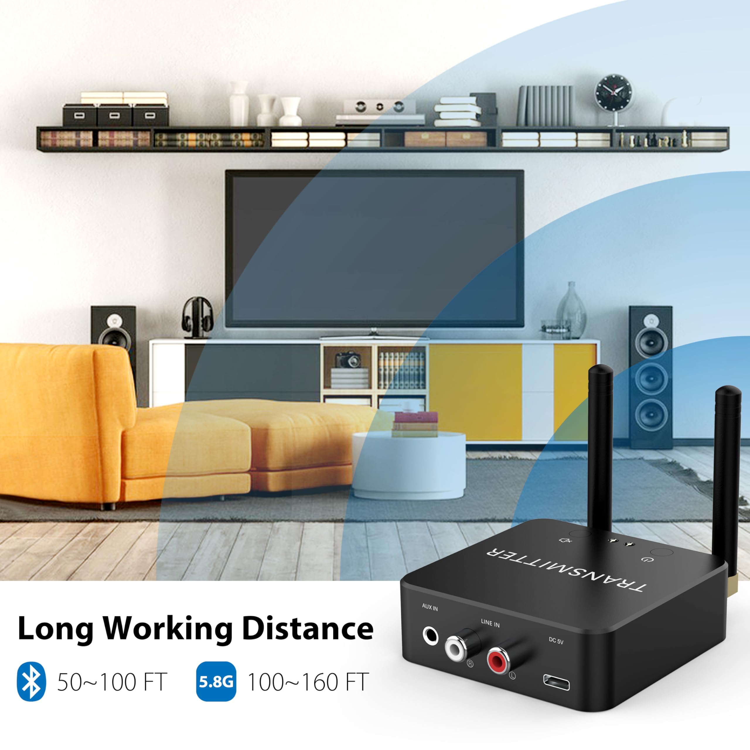Receptor transmisor de audio inalámbrico de doble banda de 5,8 GHz y 5,2 GHz para TV/PC, 160 pies de largo alcance 0.018s de baja latencia con receptor Bluetooth 5.3 de 2.4 G integrado, kit adaptador