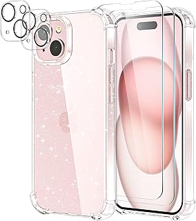 YIRSUR Glitter Case Compatible with iPhone 15 with 2 Pack Screen Protector and 2 Pack Camera Lens Protector, Glitter Air Cushion Soft TPU Bumper Anti-Scratch Shockproof Sparkly Cover for iPhone 15